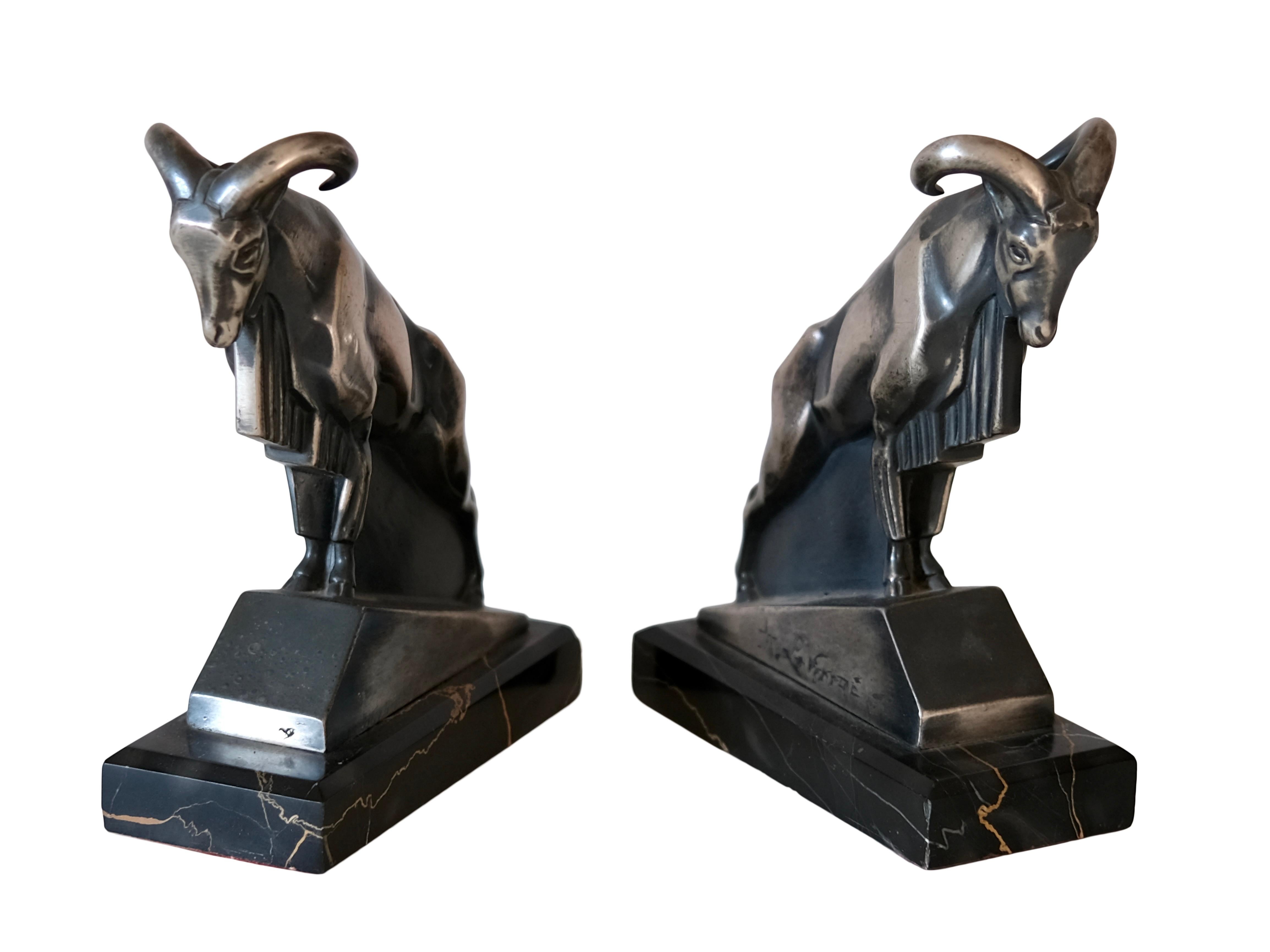 Patinated Mouflon Original Art Deco Bookends of Two Aries by Max Le Verrier with Patina