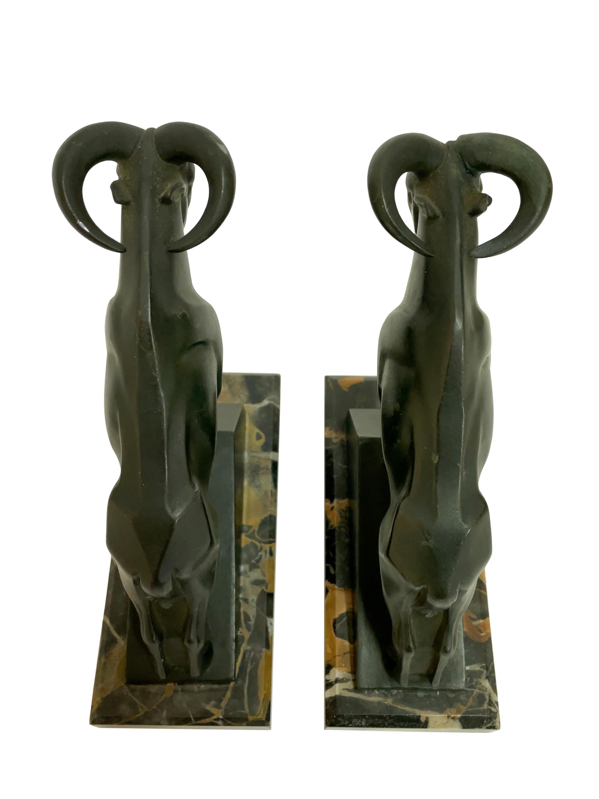 Marble Mouflon Original Art Deco Bookends of Two Aries by Max Le Verrier with Patina