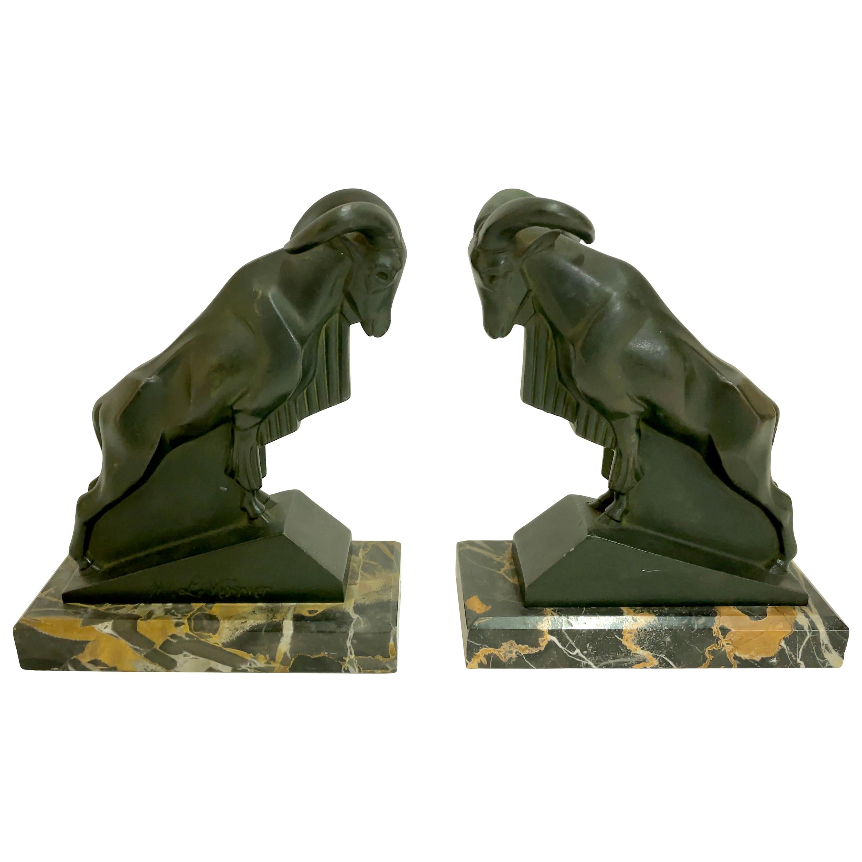 Mouflon Original Art Deco Bookends of Two Aries by Max Le Verrier with Patina