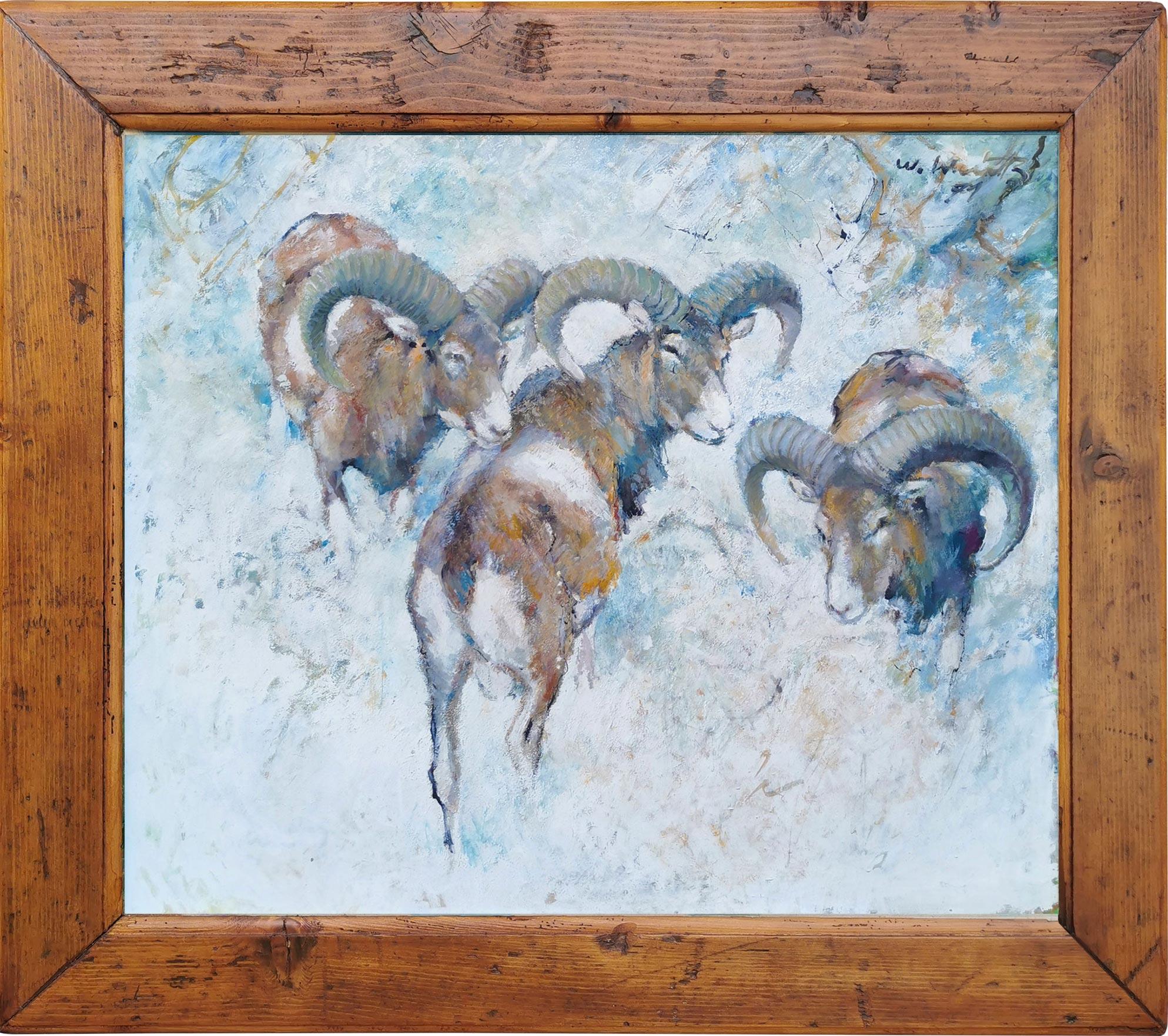 Willi Schütz (1914-1995) - Mouflons in the snow

60cm x 70cm (excluding frame)
76cm x 96cm (including frame)

Painting depicting three mouflons in the snow.

Willi Schütz Baunach 12 July 1914 - 20 October 1995

Schütz studied agriculture in