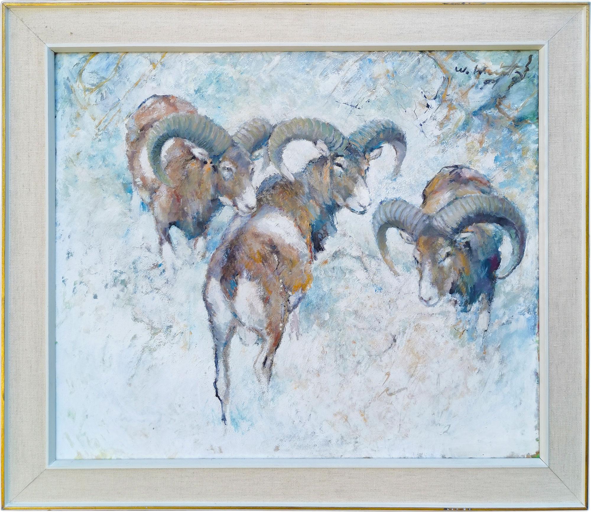 German Mouflons in the Snow Oil on Canvas Painting by Willi Schütz, 1971