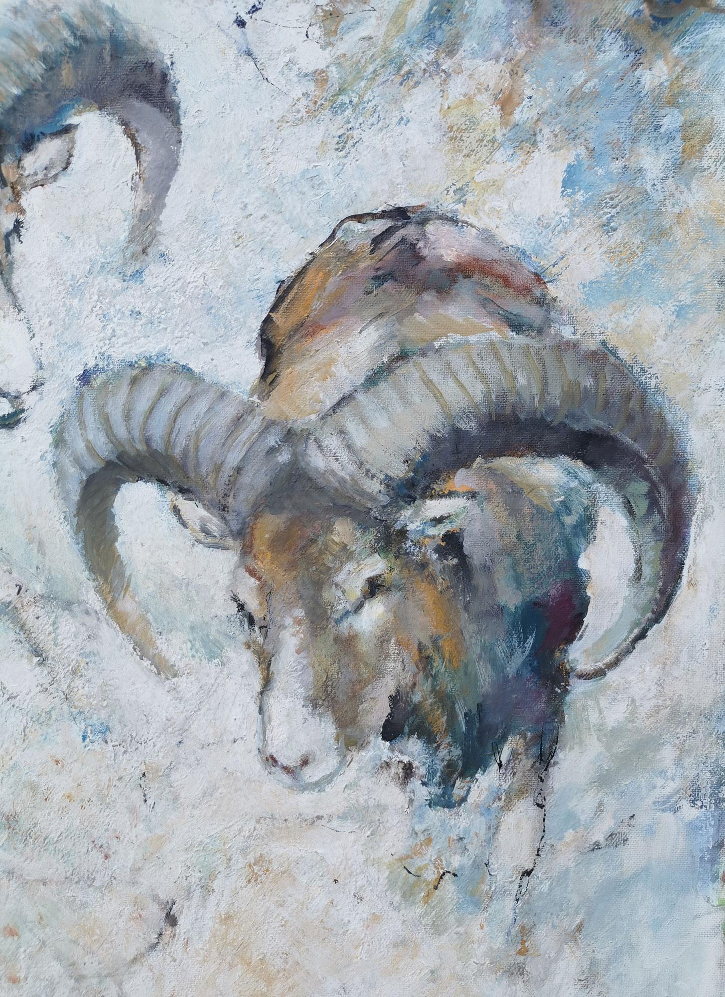 Oiled Mouflons in the Snow Oil on Canvas Painting by Willi Schütz, 1971