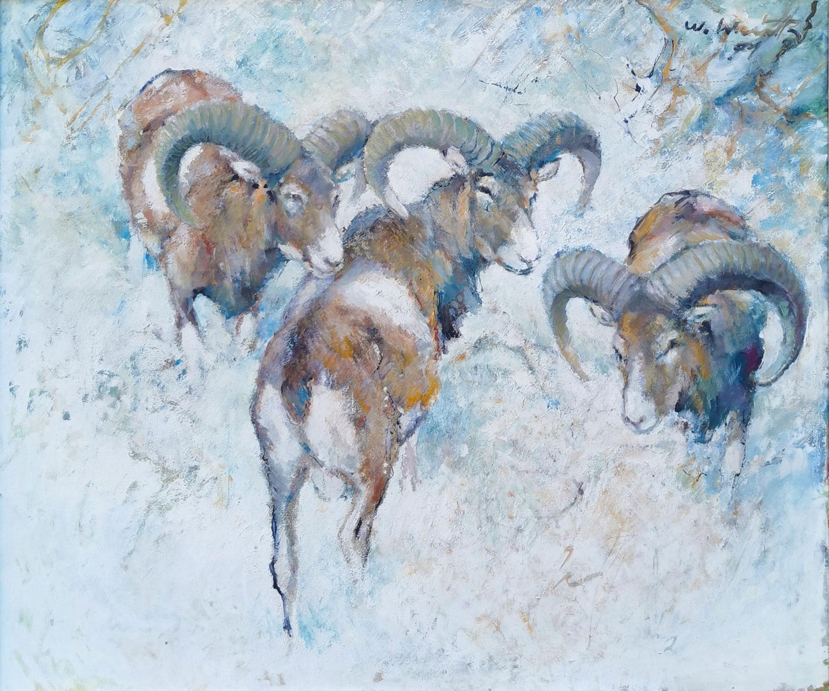 Mouflons in the Snow Oil on Canvas Painting by Willi Schütz, 1971 In Good Condition In Albignasego, IT