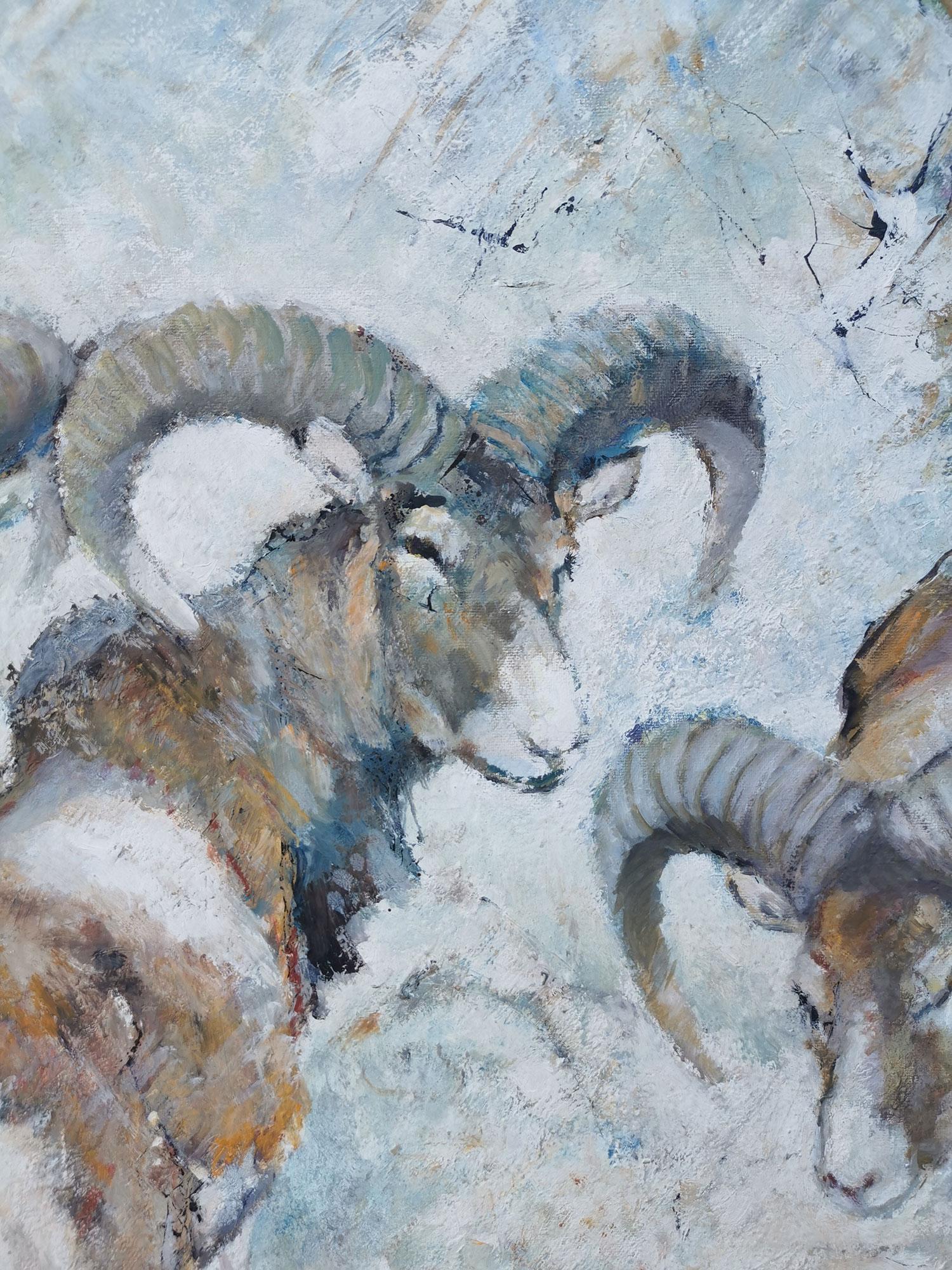Mouflons in the Snow Oil on Canvas Painting by Willi Schütz, 1971 2