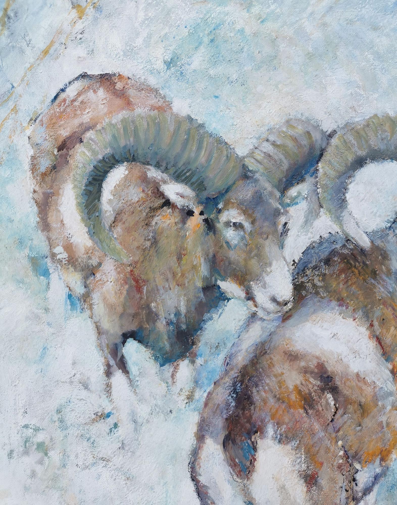 Mouflons in the Snow Oil on Canvas Painting by Willi Schütz, 1971 3