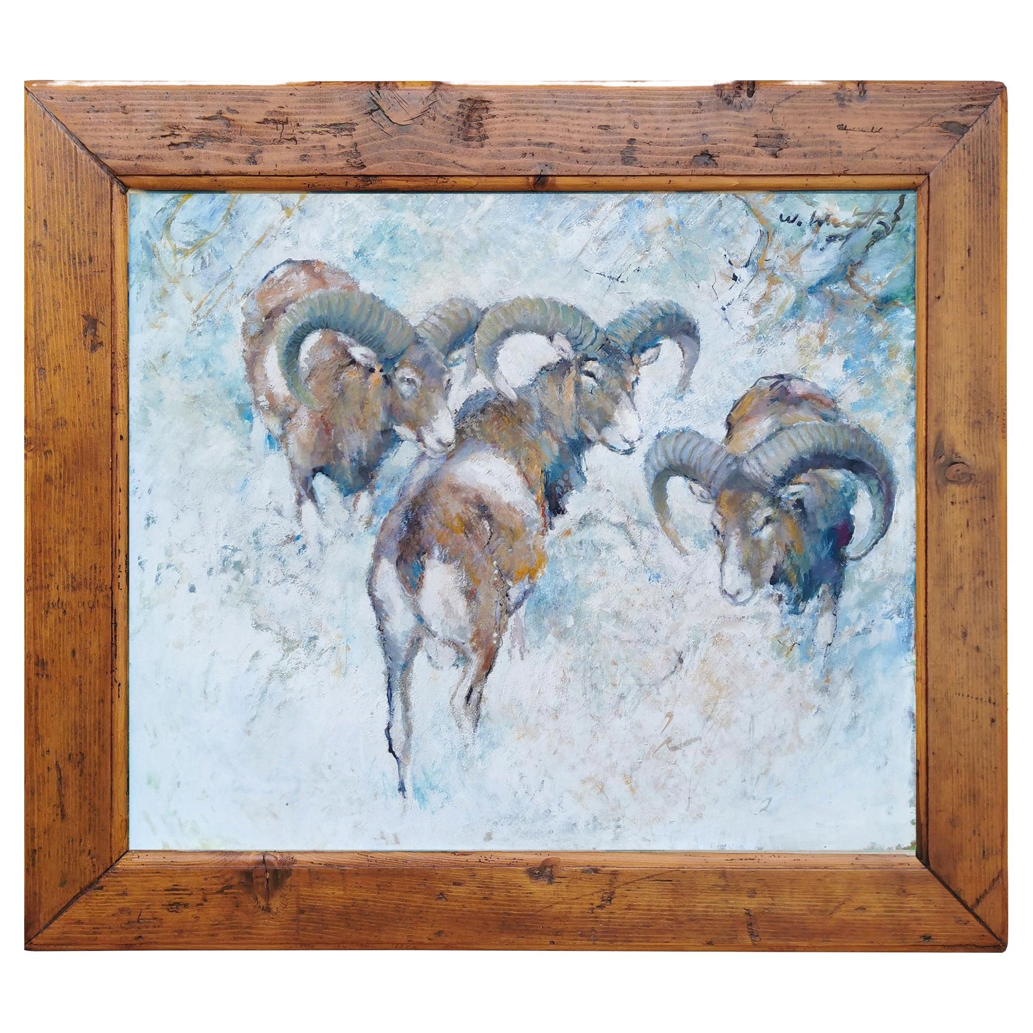 Mouflons in the Snow Oil on Canvas Painting by Willi Schütz, 1971