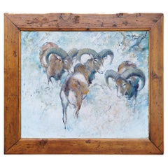Mouflons in the Snow Oil on Canvas Painting by Willi Schütz, 1971