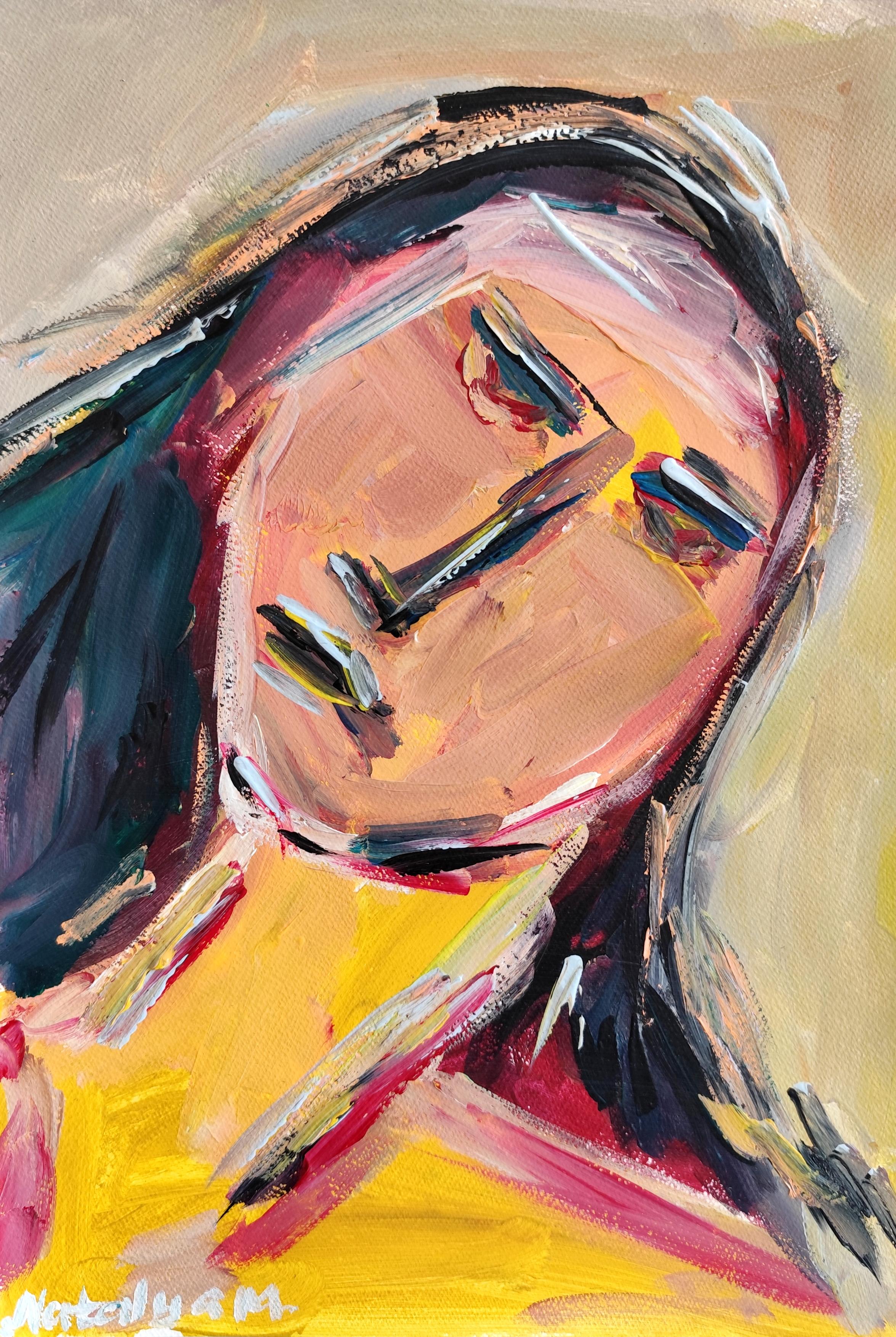 Portrait figuratif expressionniste abstrait acrylique sur papier "Inner Dialogue"