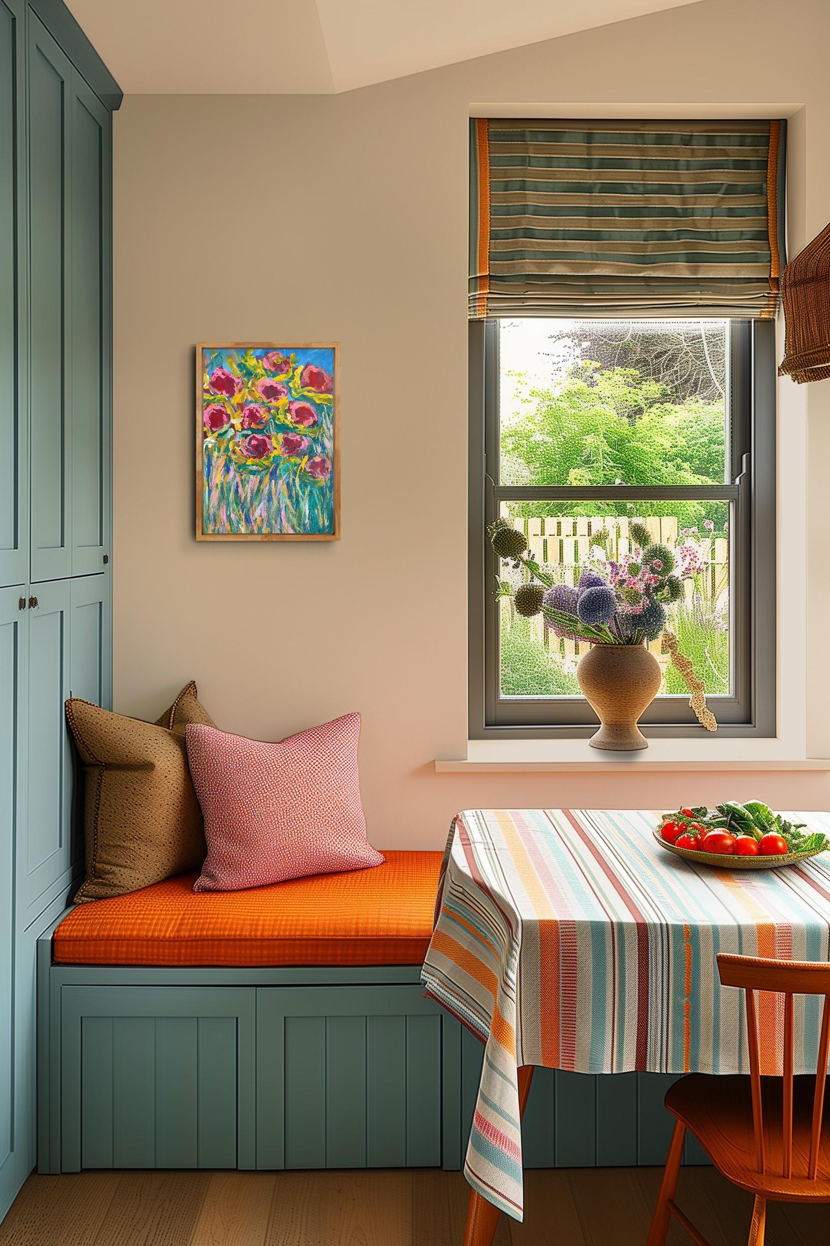This contemporary abstract expressionist piece with a touch of impressionism was created by French artist Natalya Mougenot and belongs to her evocative series celebrating the beauty of flowers.

In the Garden of the Roses is a radiant acrylic