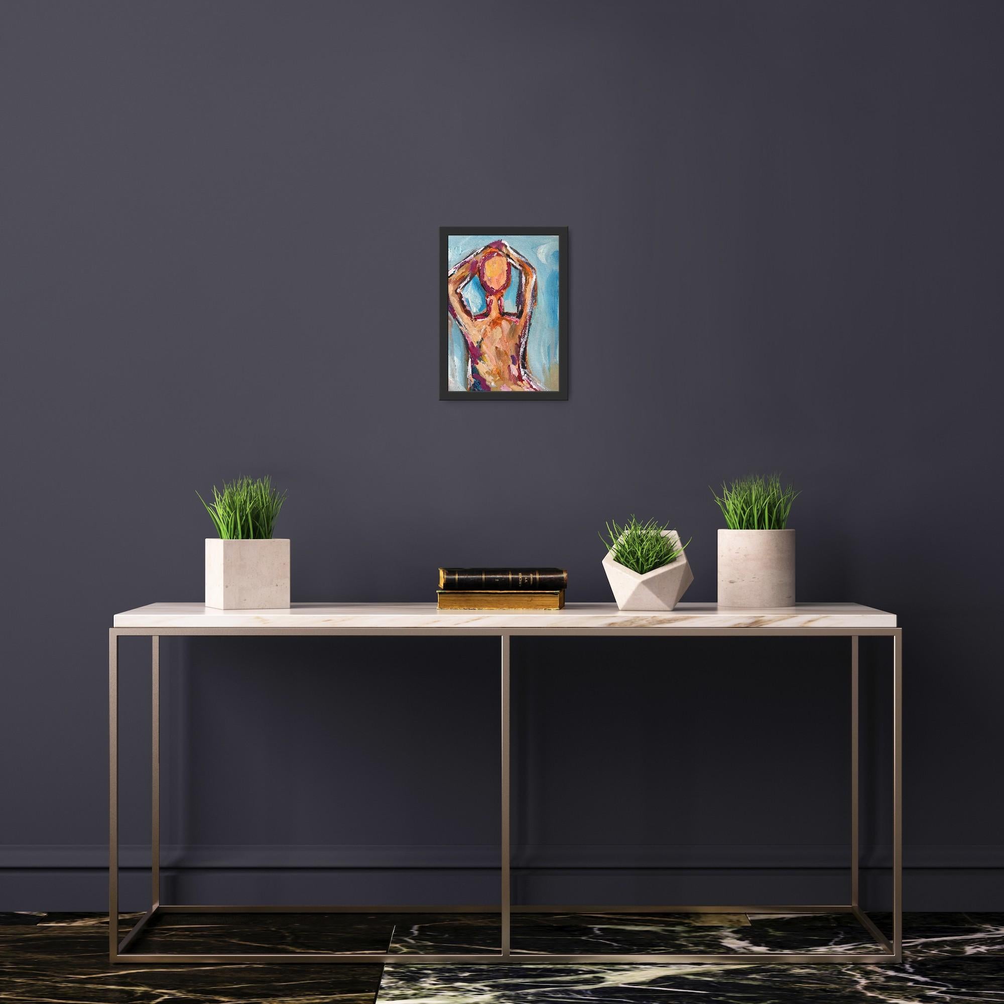 This contemporary abstract expressive portrait, Unbreakable, was created in 2025 by French artist Natalya Mougenot in her studio in Lyon, France. It presents a faceless woman rendered in an abstract, expressive style—bold yet fluid, undefined yet