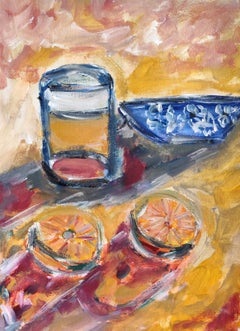 Abstract Expressionist impressionist still-life painting on paper "Lemon light"