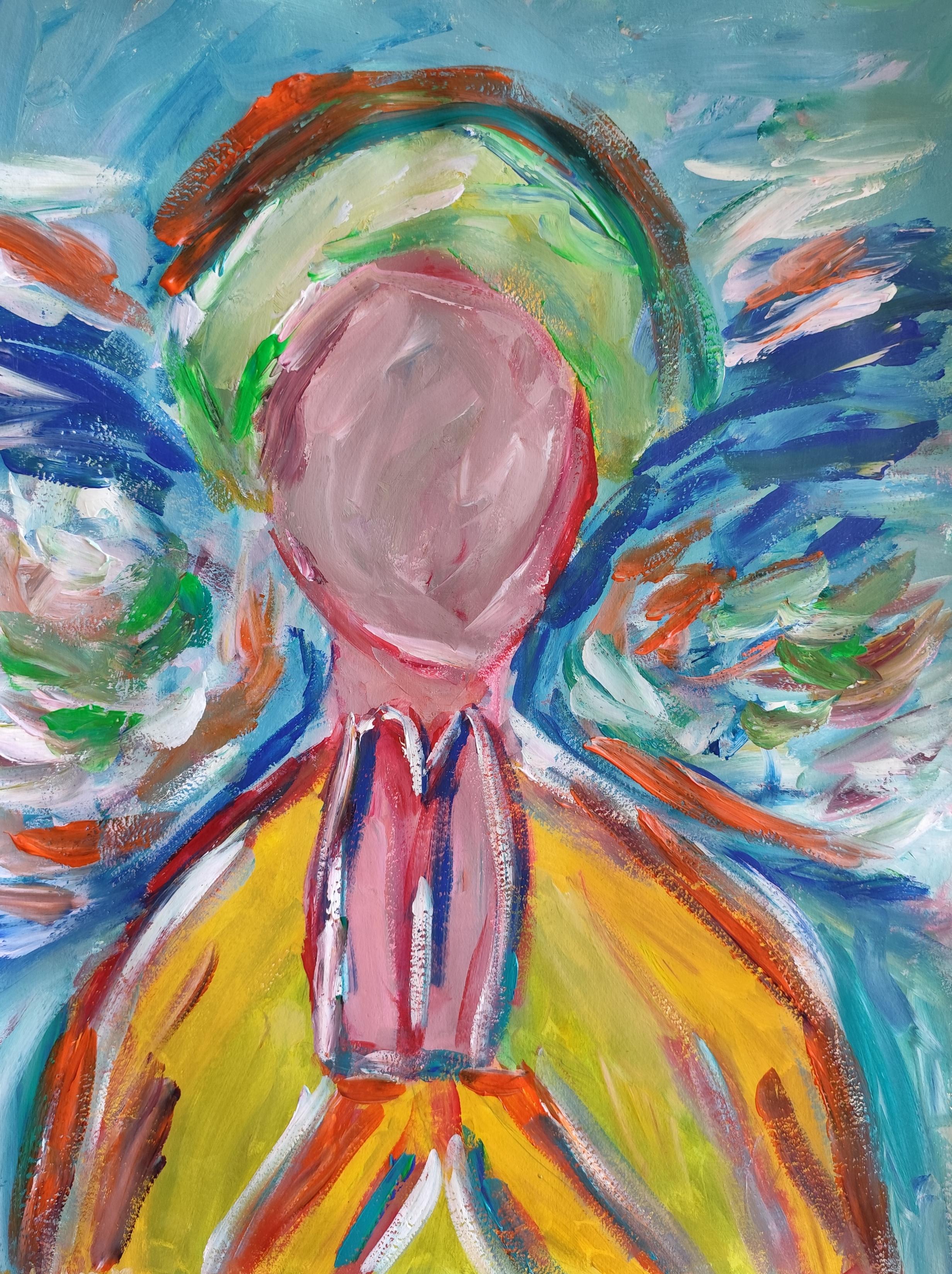 Abstract Painting di Mougenot Natalya - Pittura acrilica spirituale espressionista astratta su carta "Sotto le ali dell'angelo".