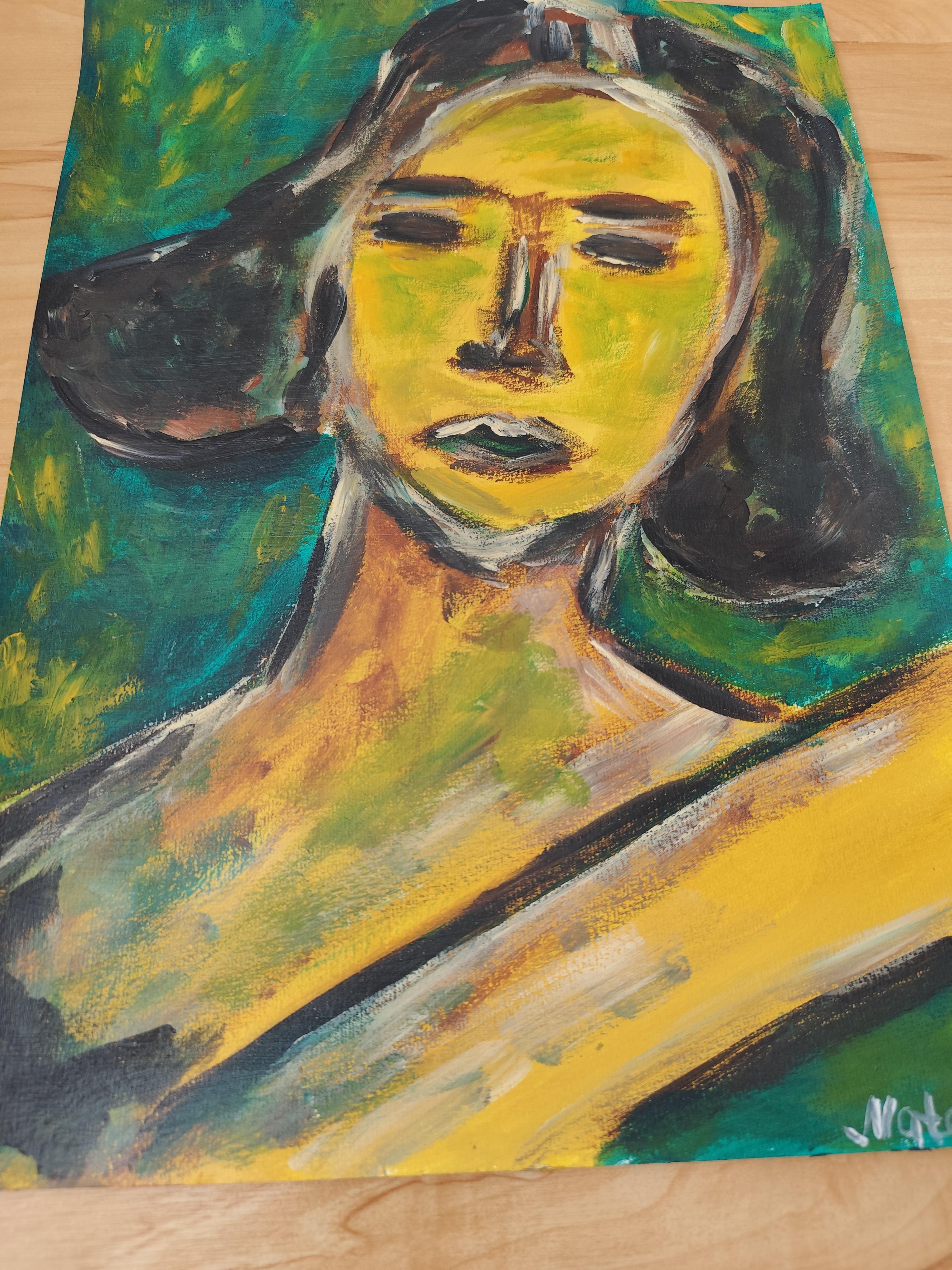 Abstraktes expressionistisches Frauenporträt Acryl auf Papier 