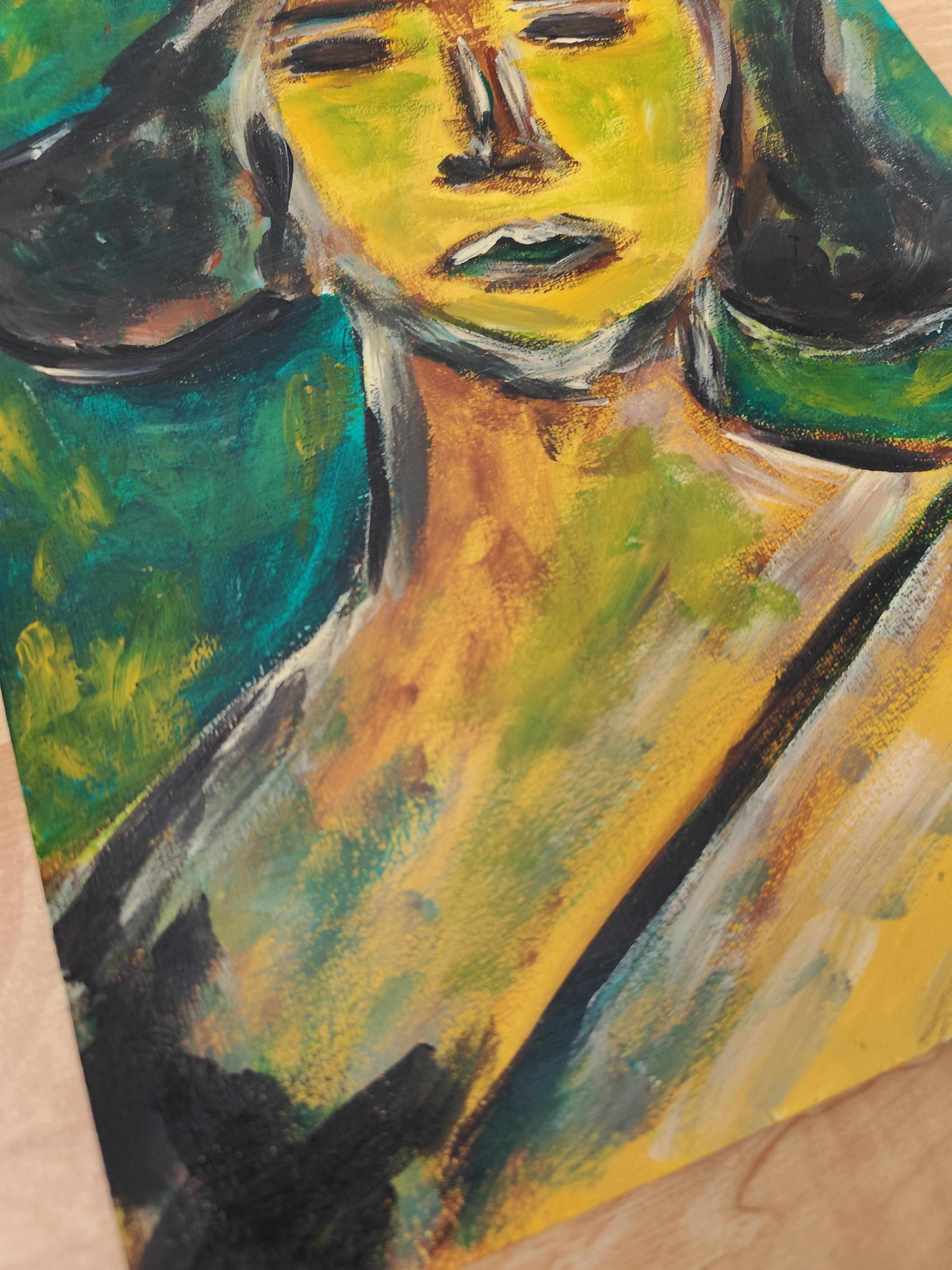 Abstraktes expressionistisches Frauenporträt Acryl auf Papier 
