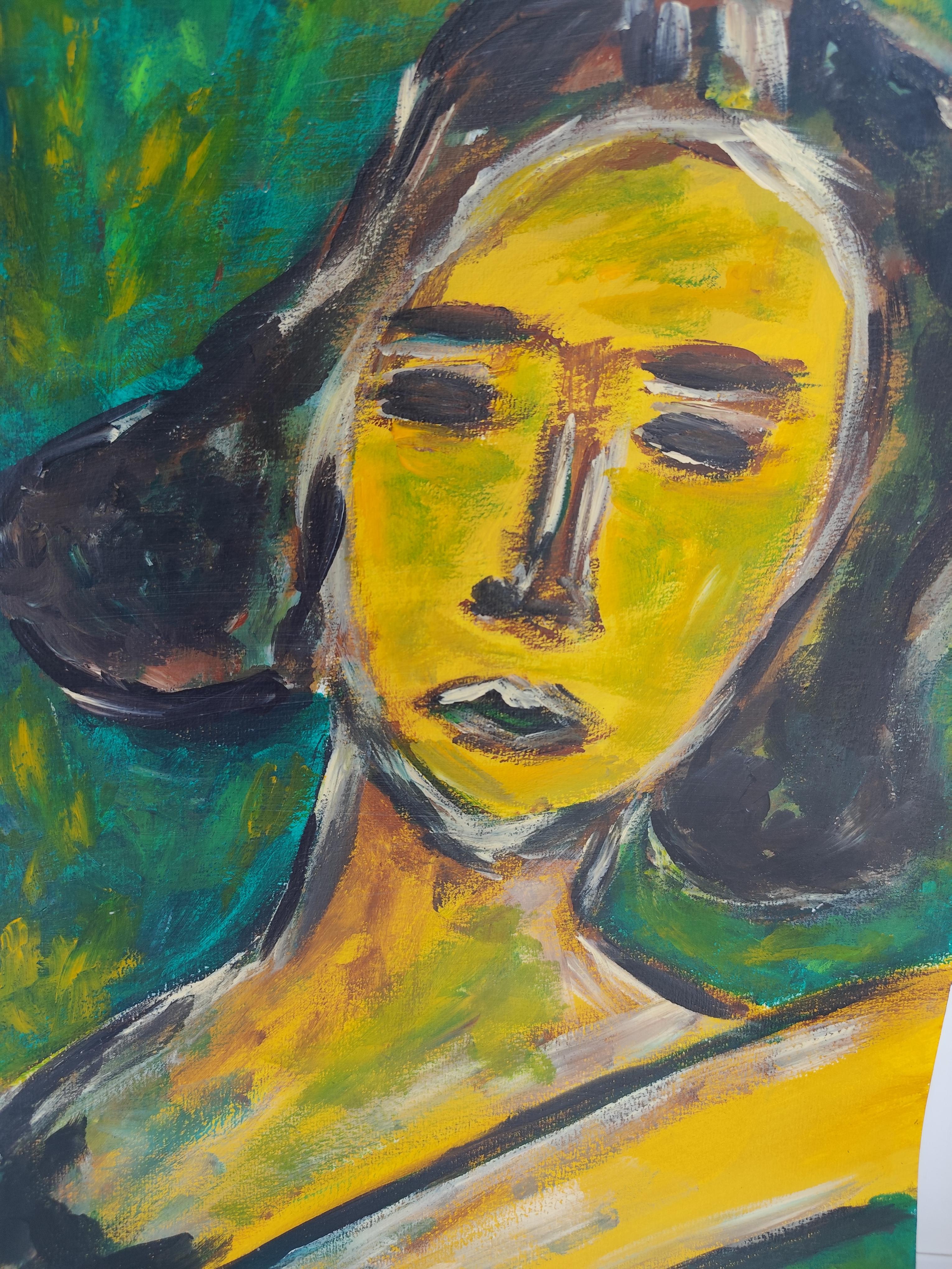 Abstraktes expressionistisches Frauenporträt Acryl auf Papier 
