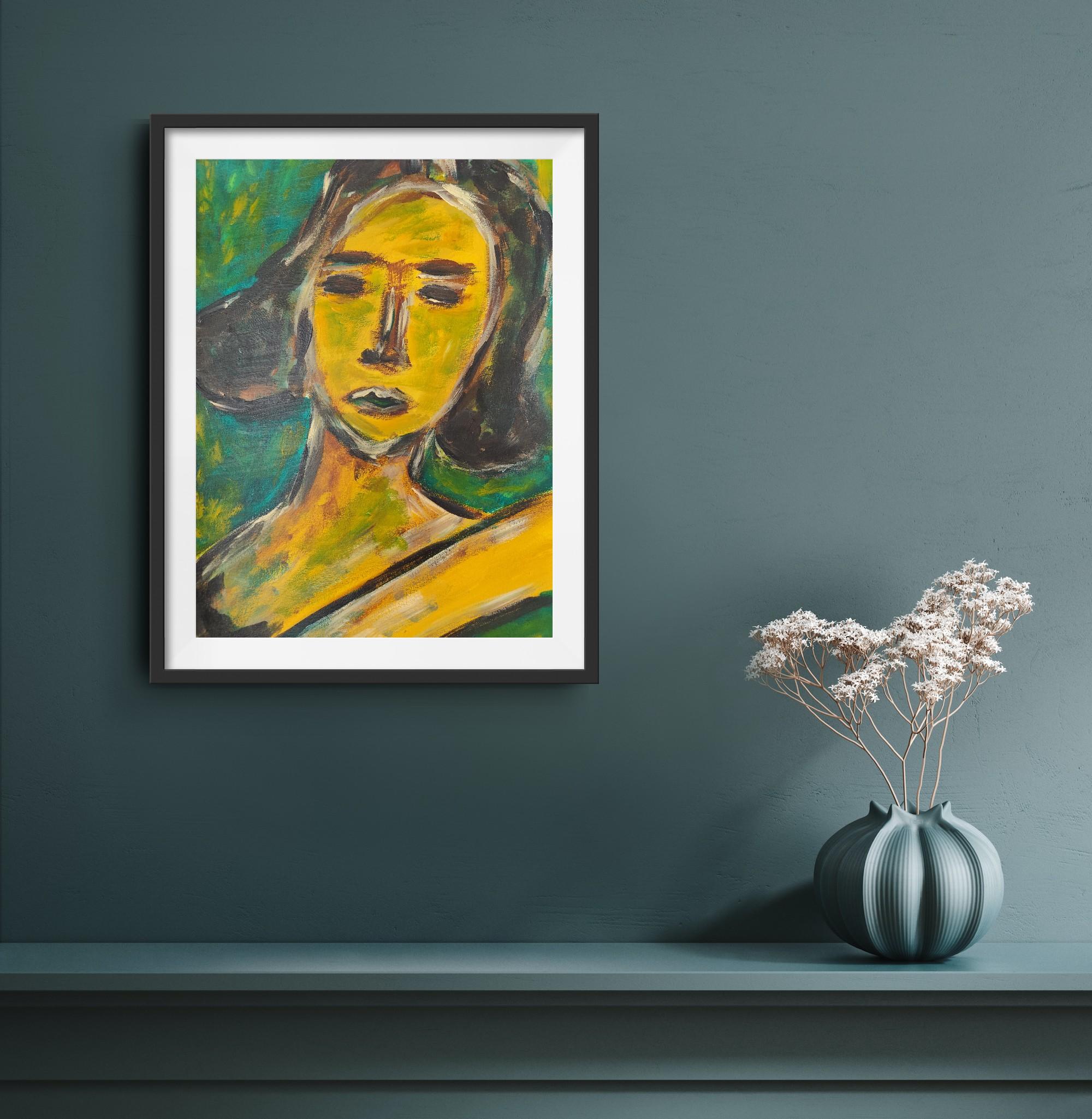 Abstraktes expressionistisches Frauenporträt Acryl auf Papier 