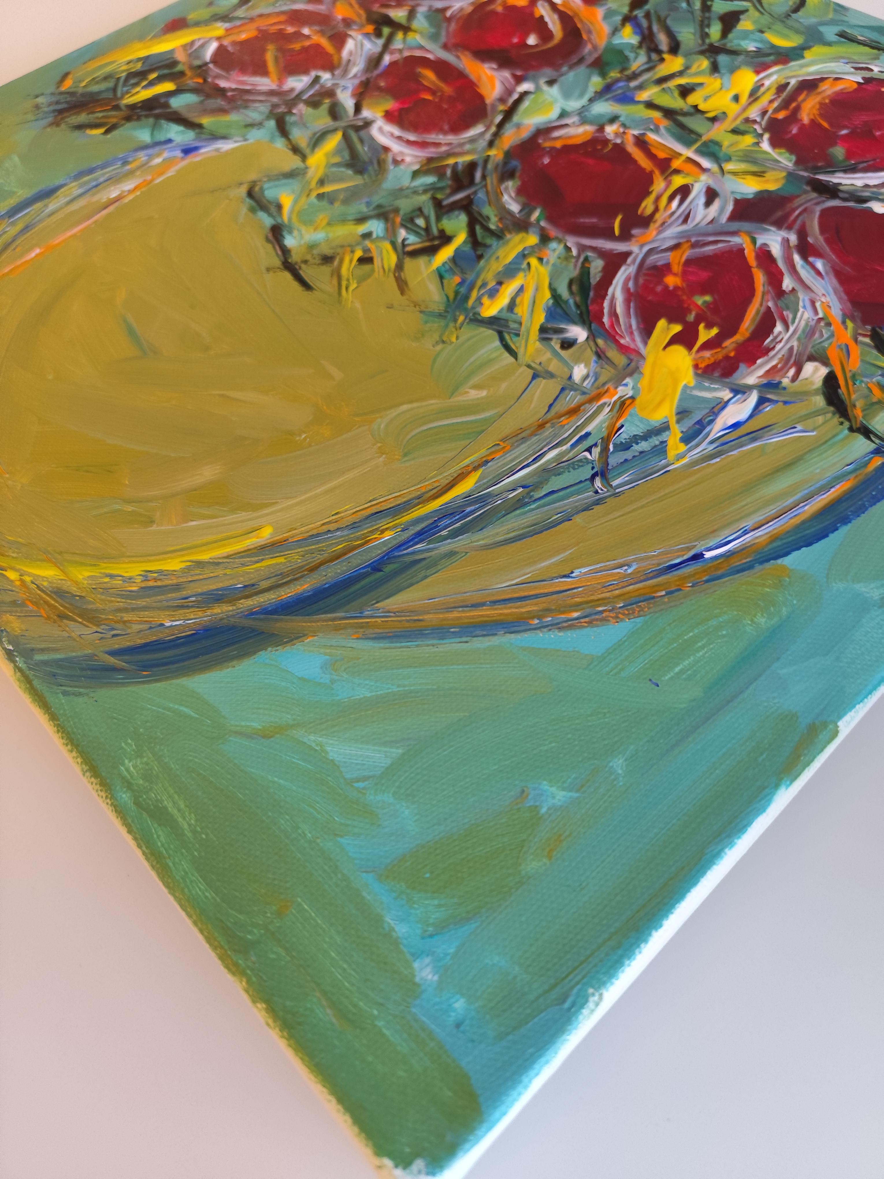 Pintura acrílica floral expresiva abstracta sobre lienzo 