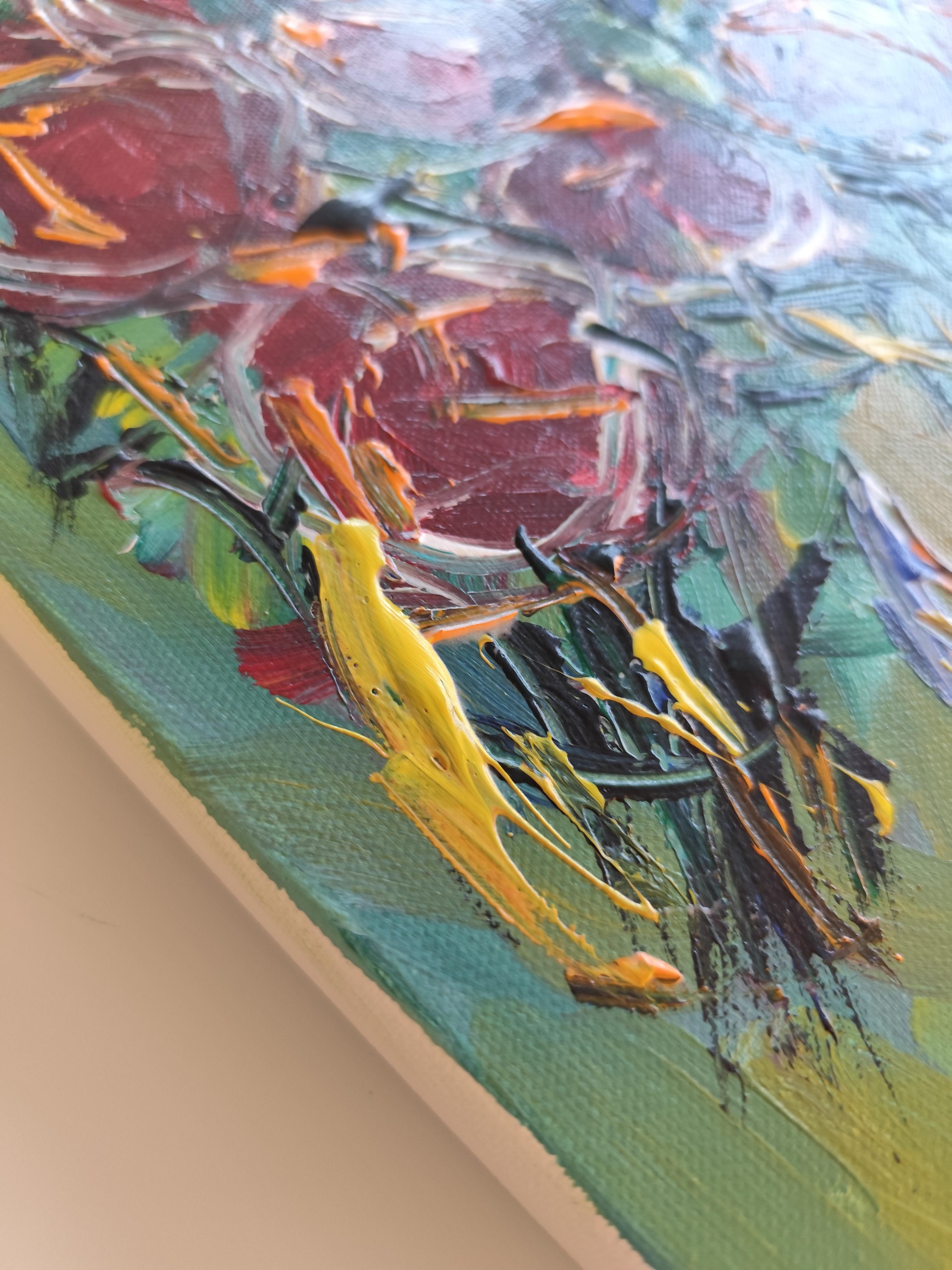 Pintura acrílica floral expresiva abstracta sobre lienzo 