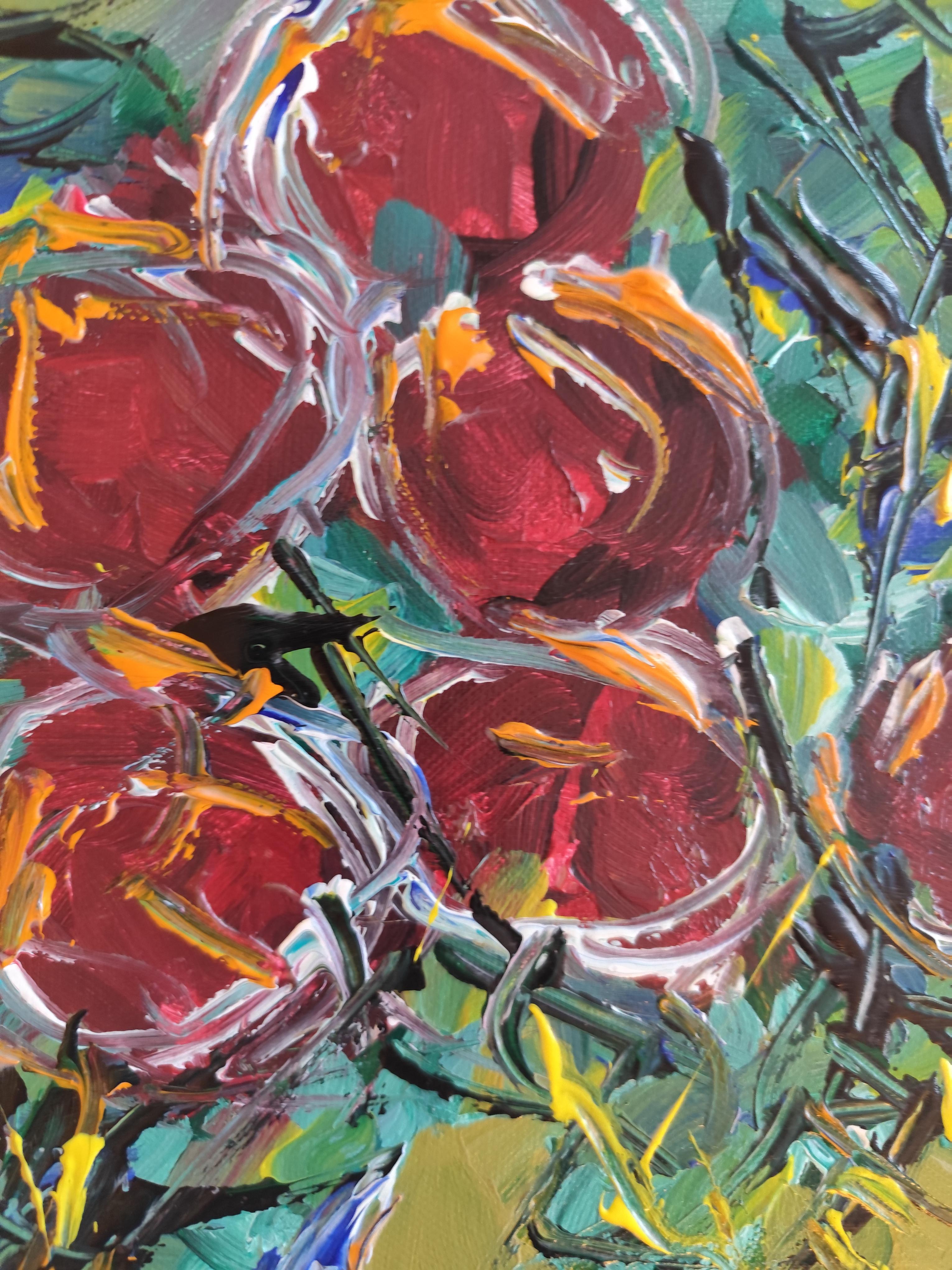 Pintura acrílica floral expresiva abstracta sobre lienzo 