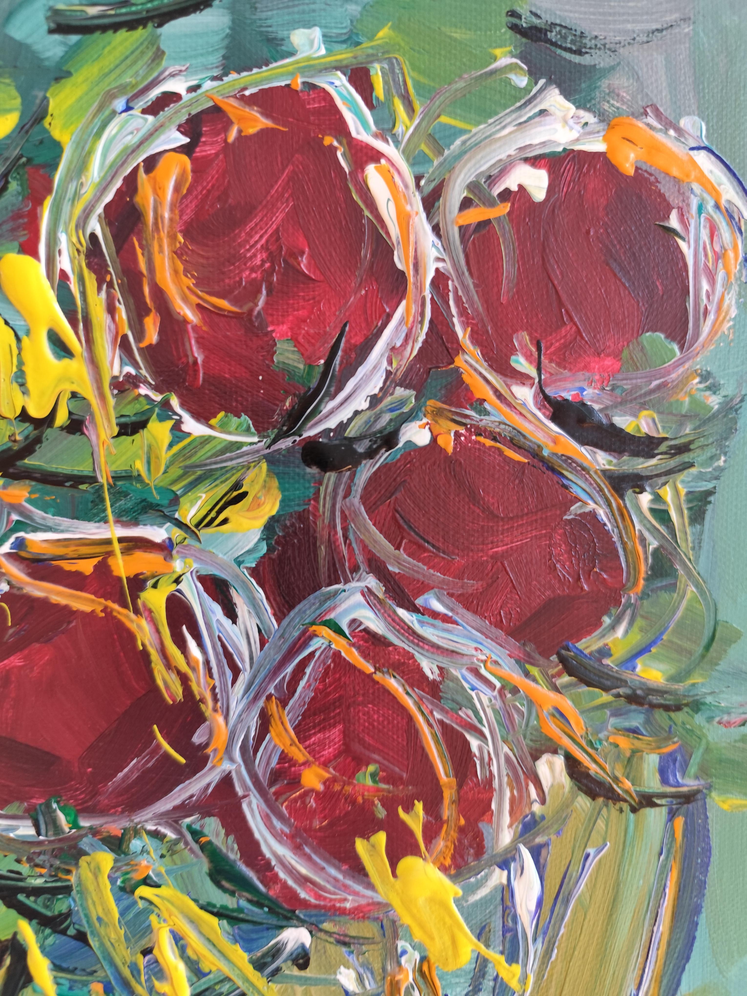 Pintura acrílica floral expresiva abstracta sobre lienzo 
