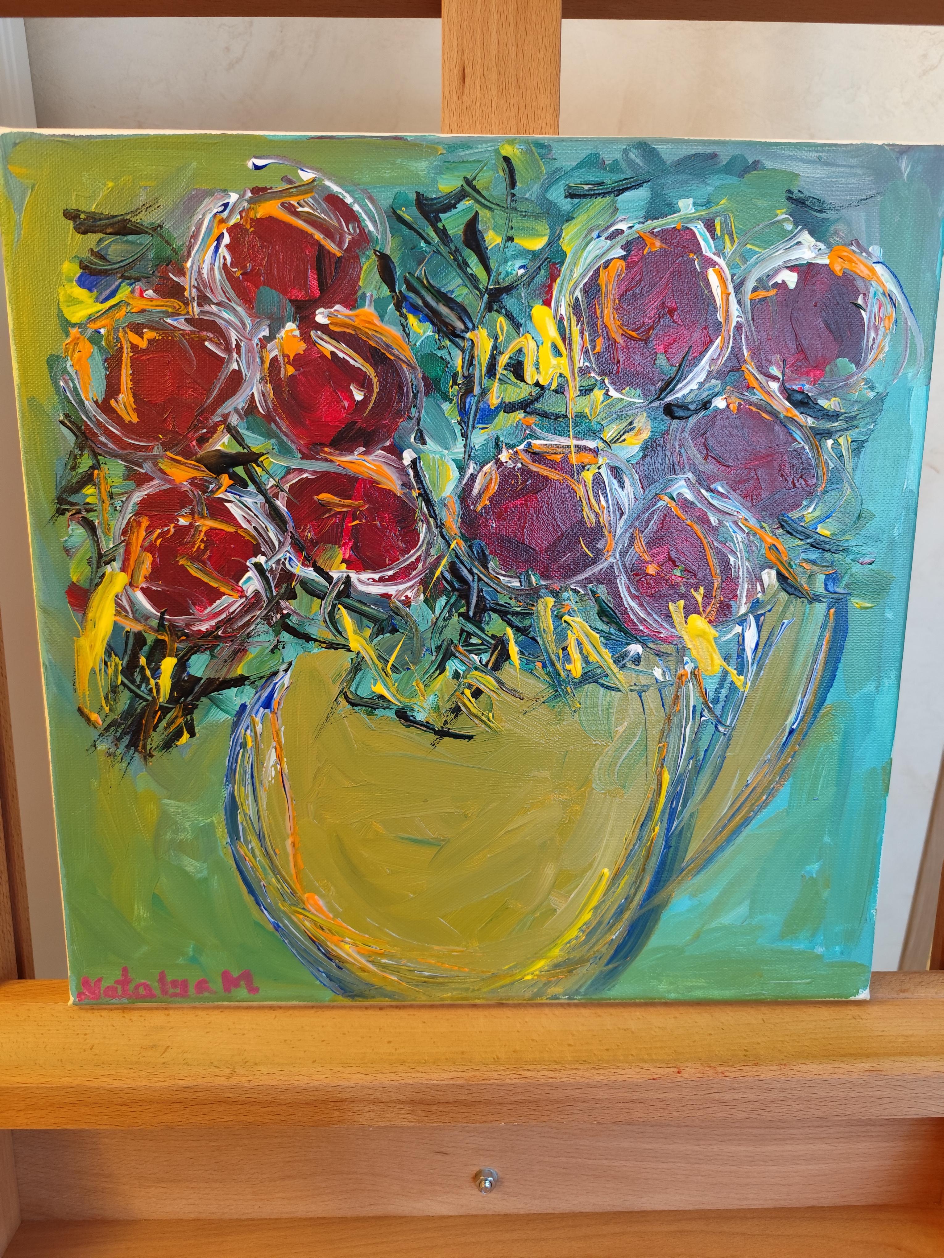 Pintura acrílica floral expresiva abstracta sobre lienzo 