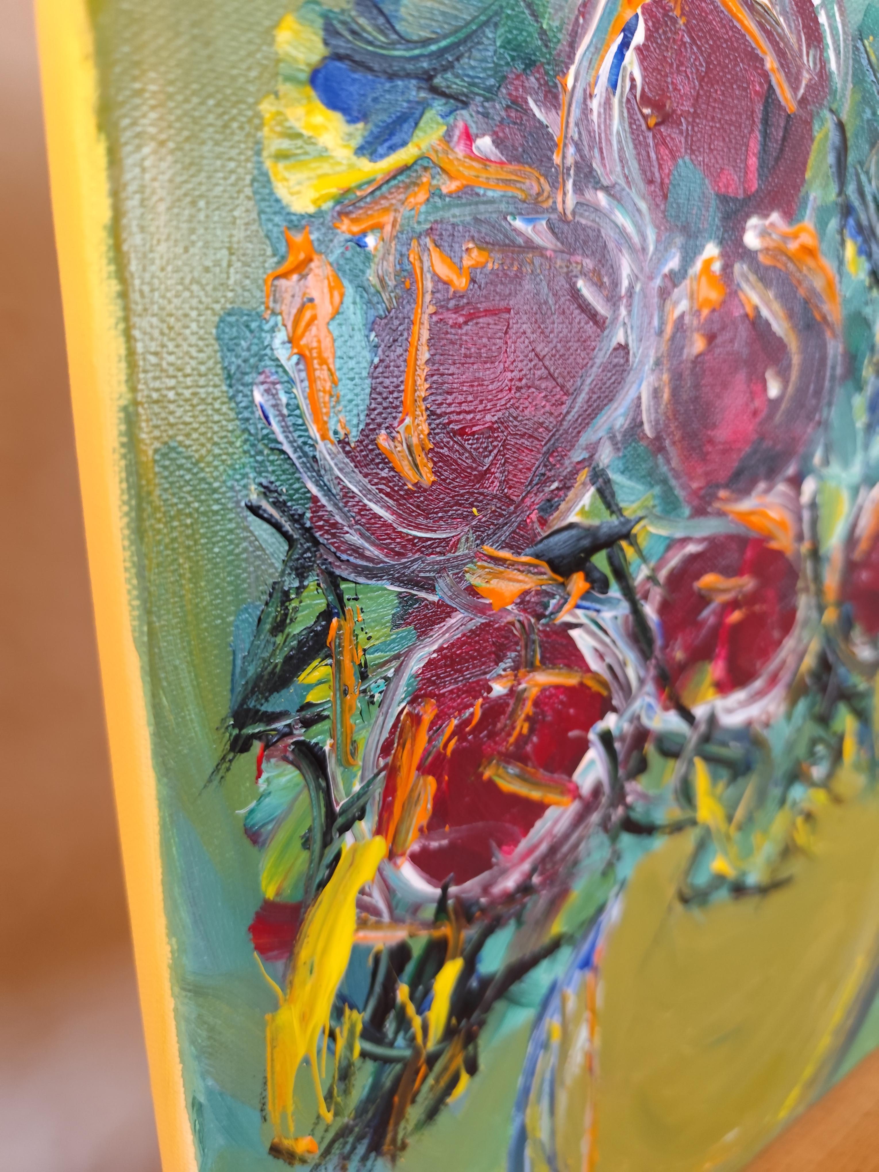 Pintura acrílica floral expresiva abstracta sobre lienzo 