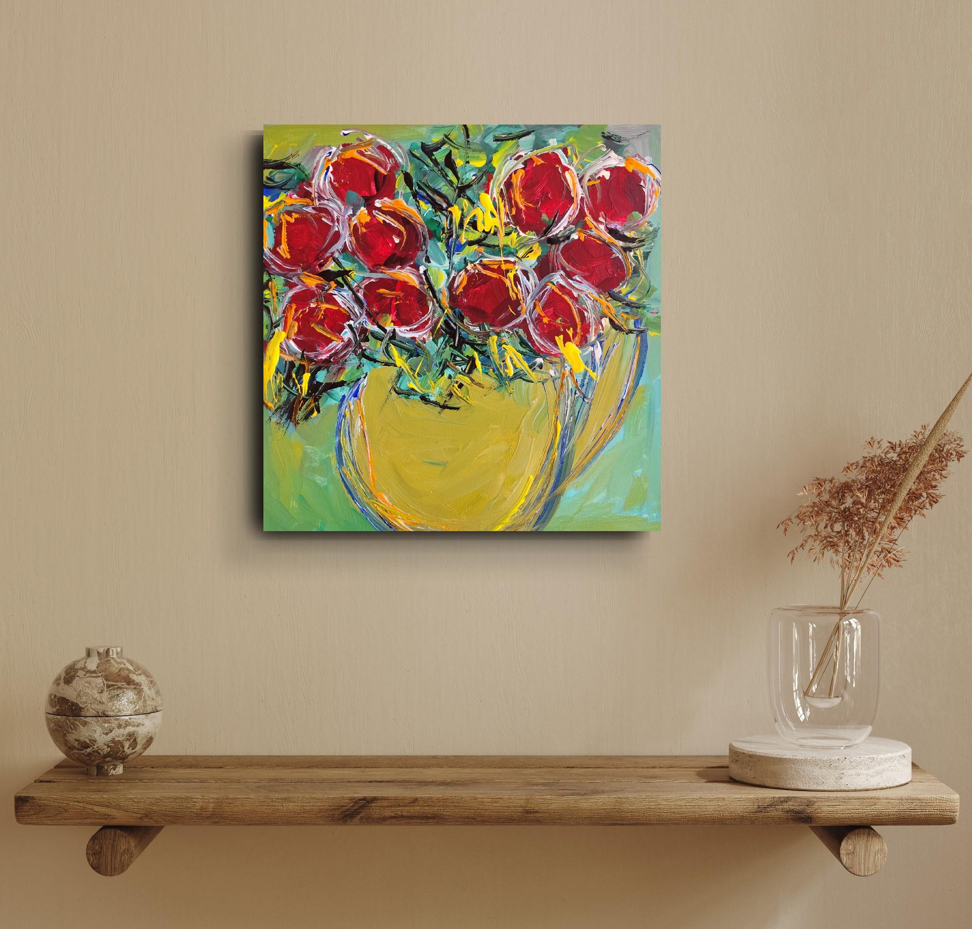 Pintura acrílica floral expresiva abstracta sobre lienzo 