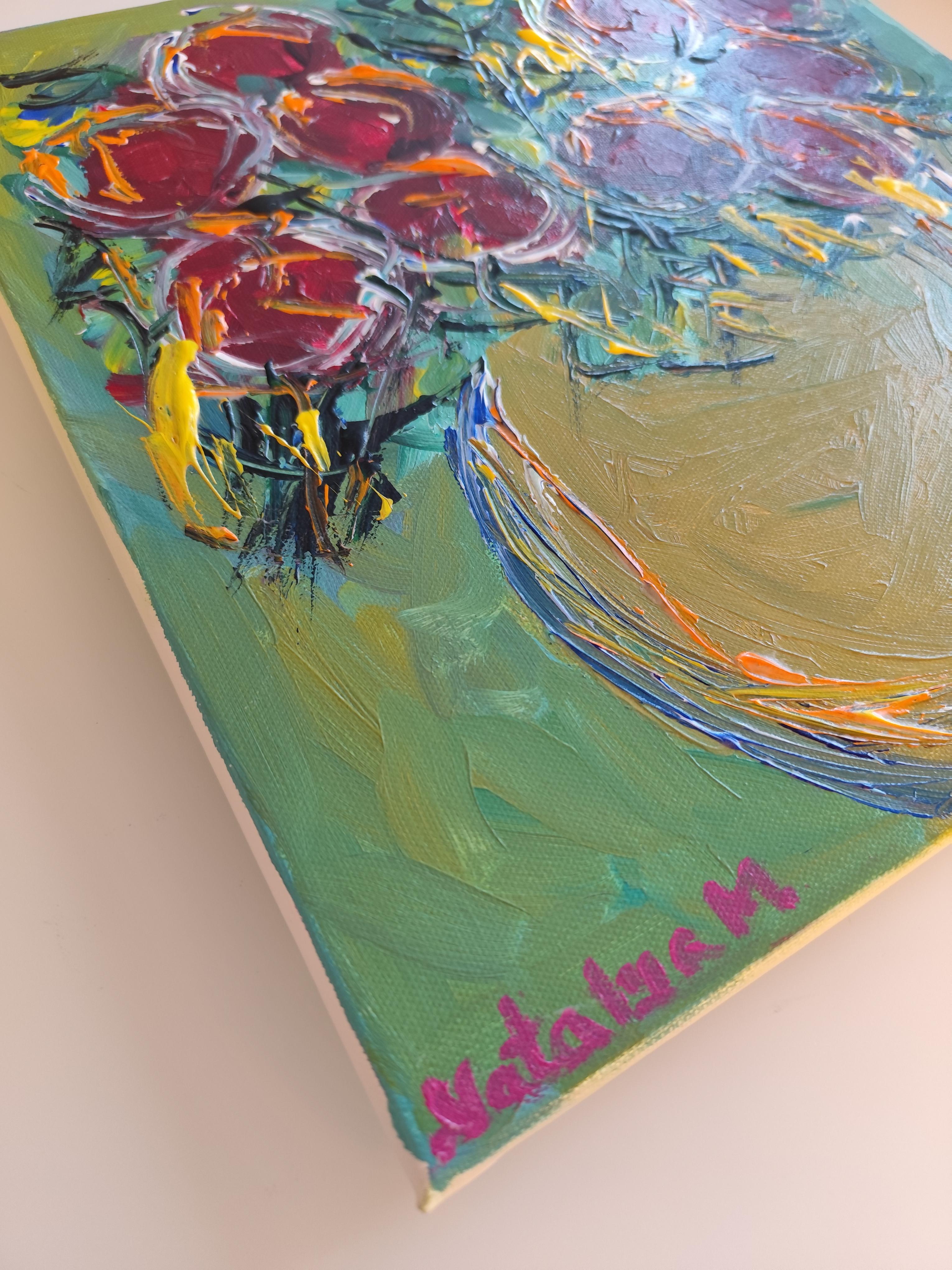 Pintura acrílica floral expresiva abstracta sobre lienzo 