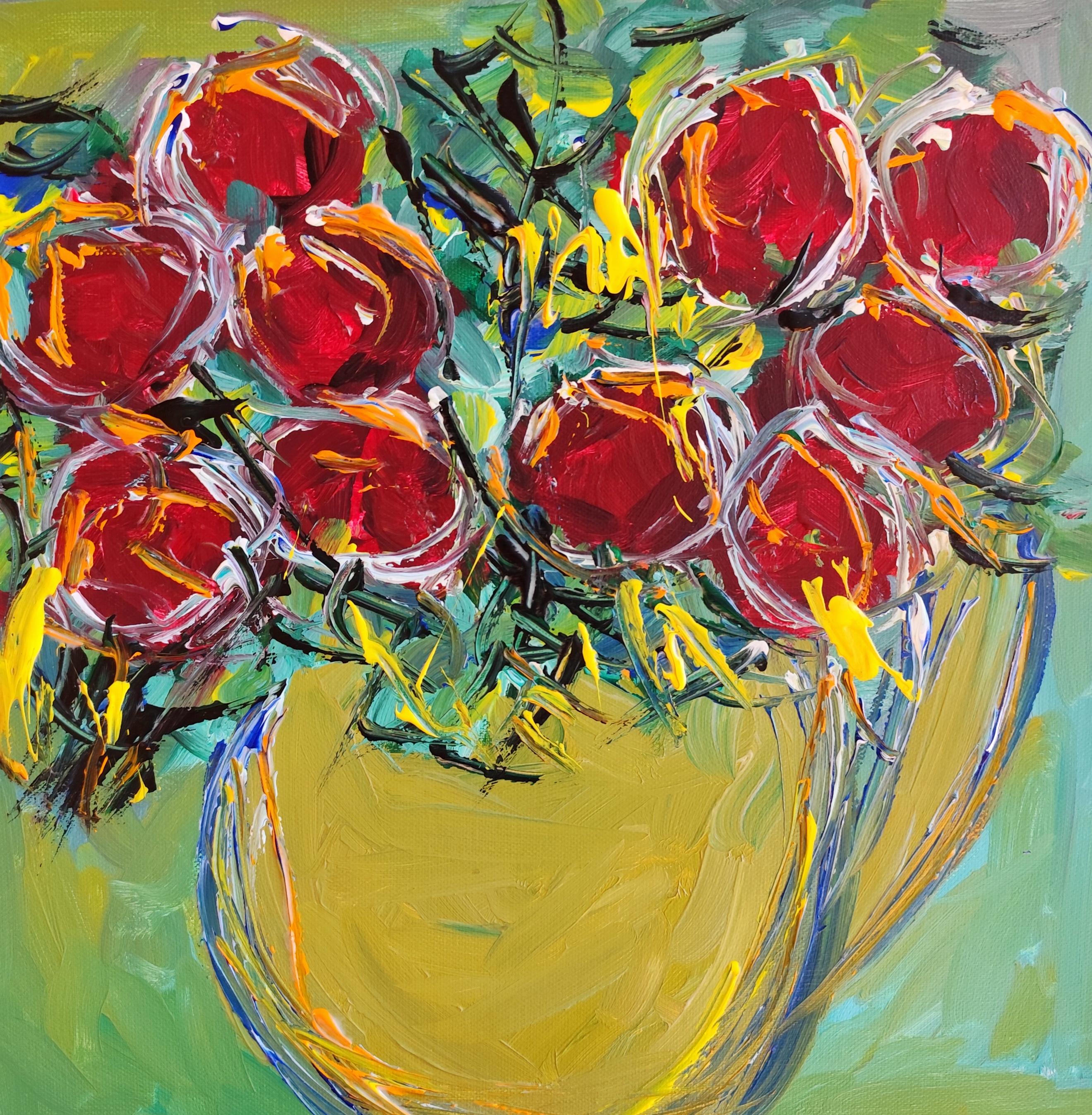 Still-Life Painting de Mougenot Natalya - Pintura acrílica floral expresiva abstracta sobre lienzo "Recuerdos en rosas"