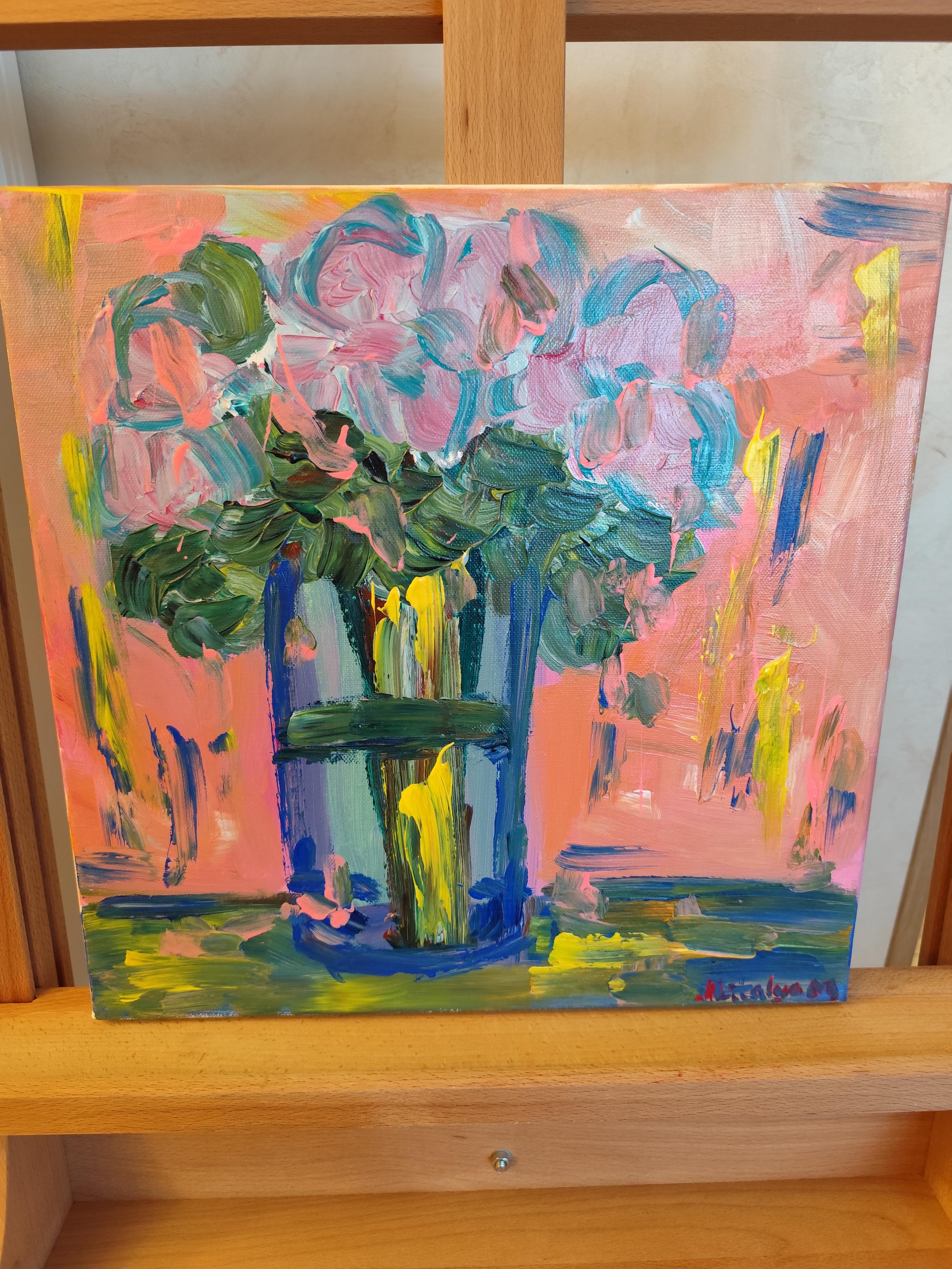 Pintura acrílica floral expresiva abstracta sobre lienzo 