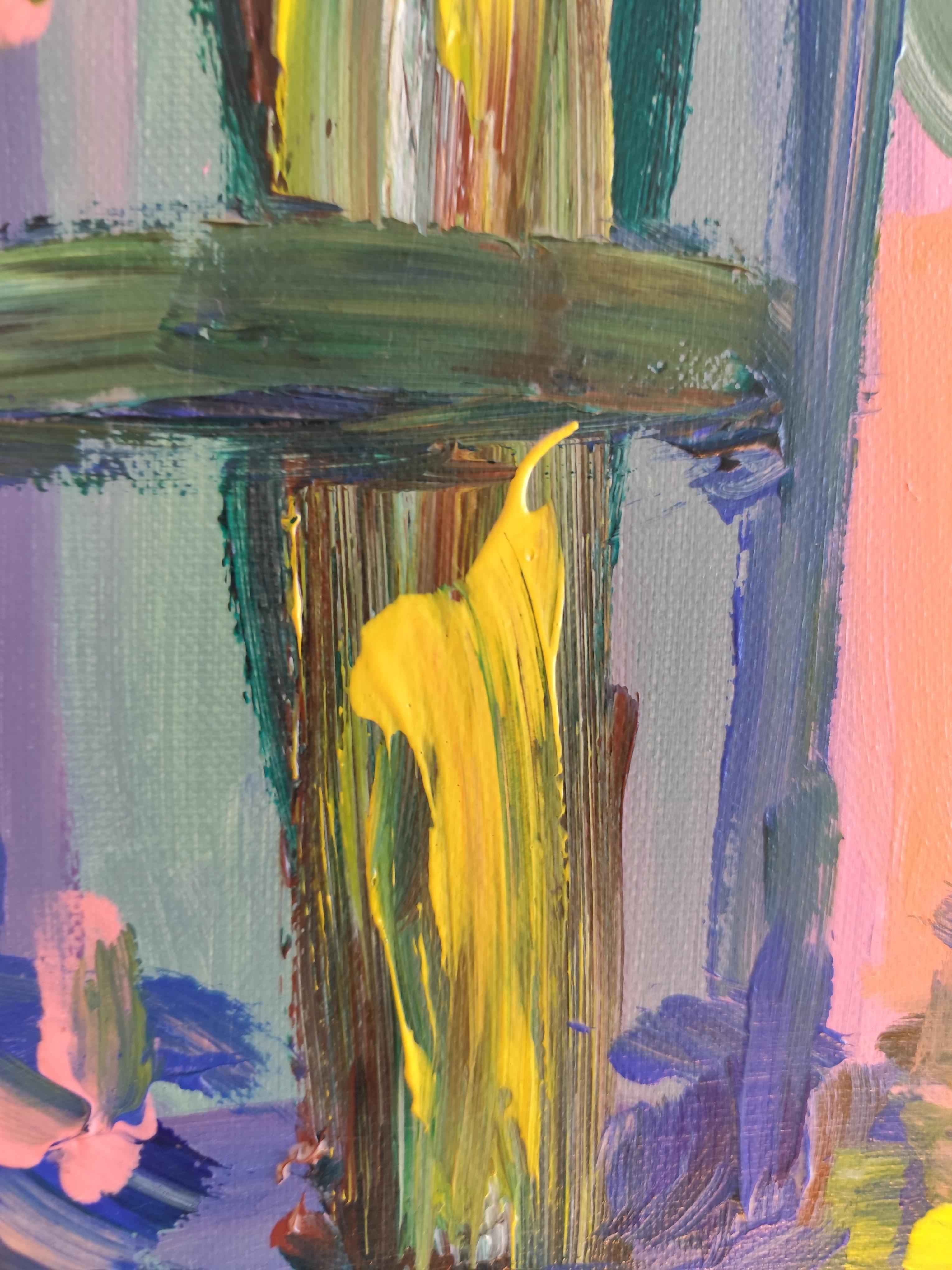 Pintura acrílica floral expresiva abstracta sobre lienzo 