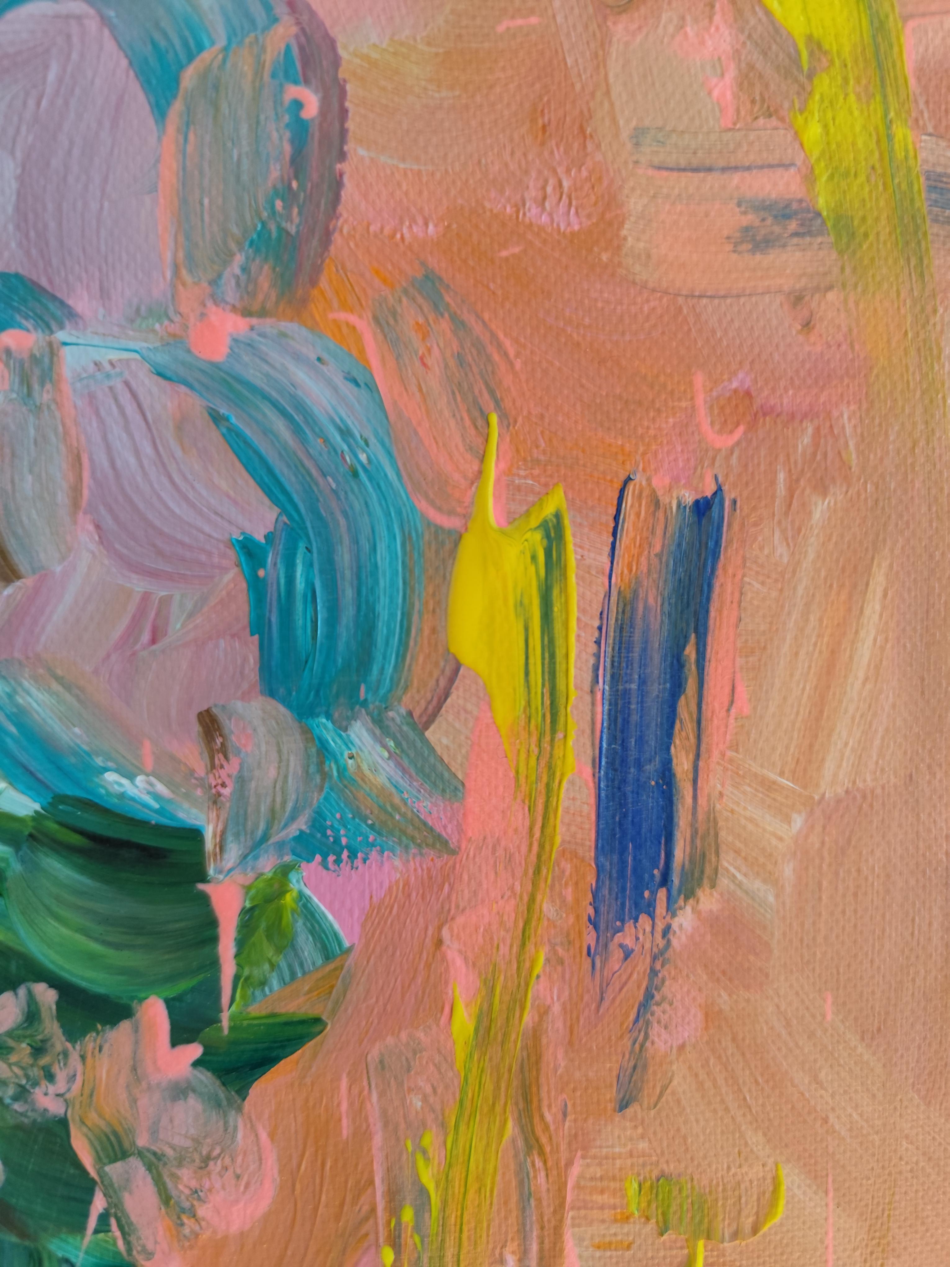 Pintura acrílica floral expresiva abstracta sobre lienzo 