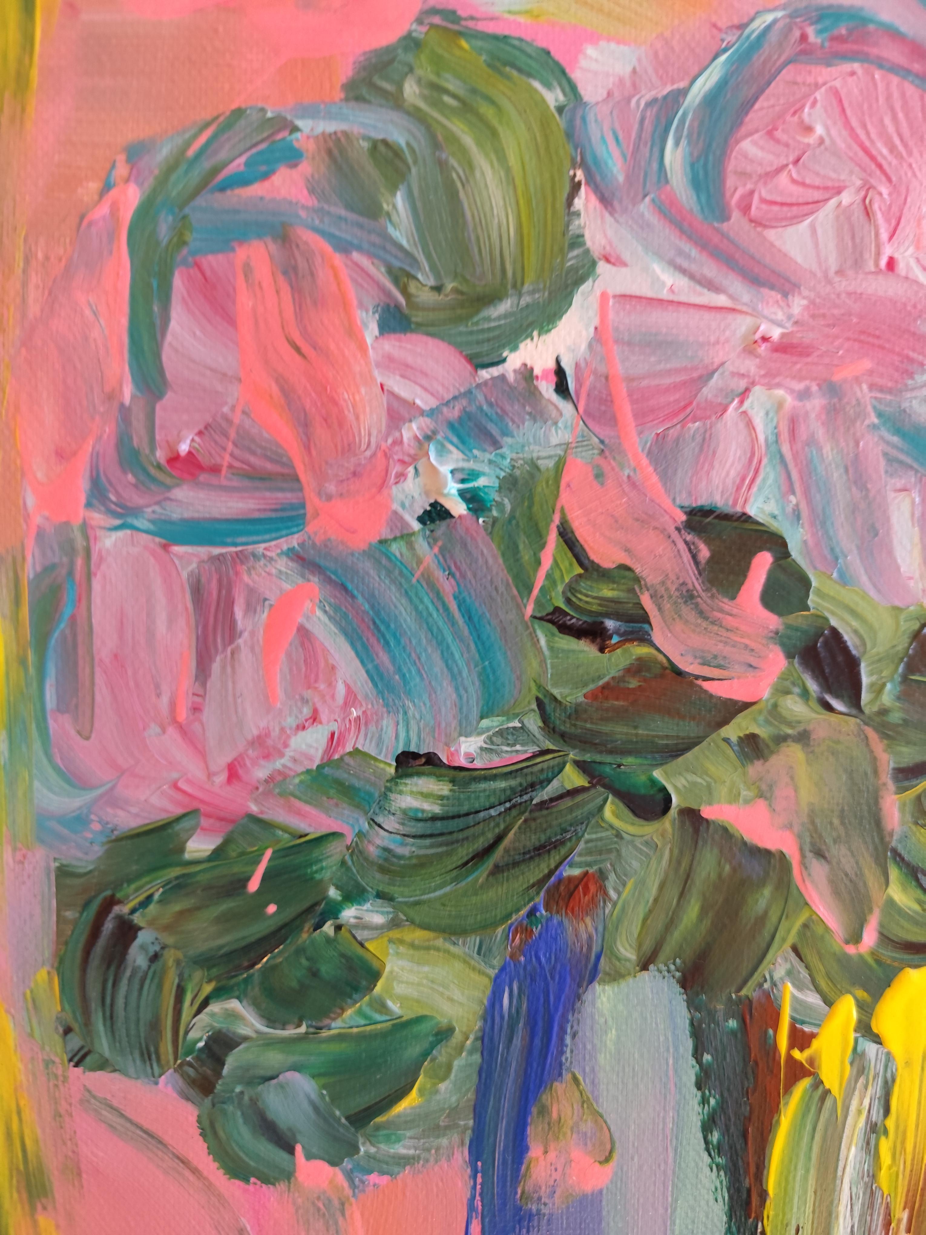 Pintura acrílica floral expresiva abstracta sobre lienzo 