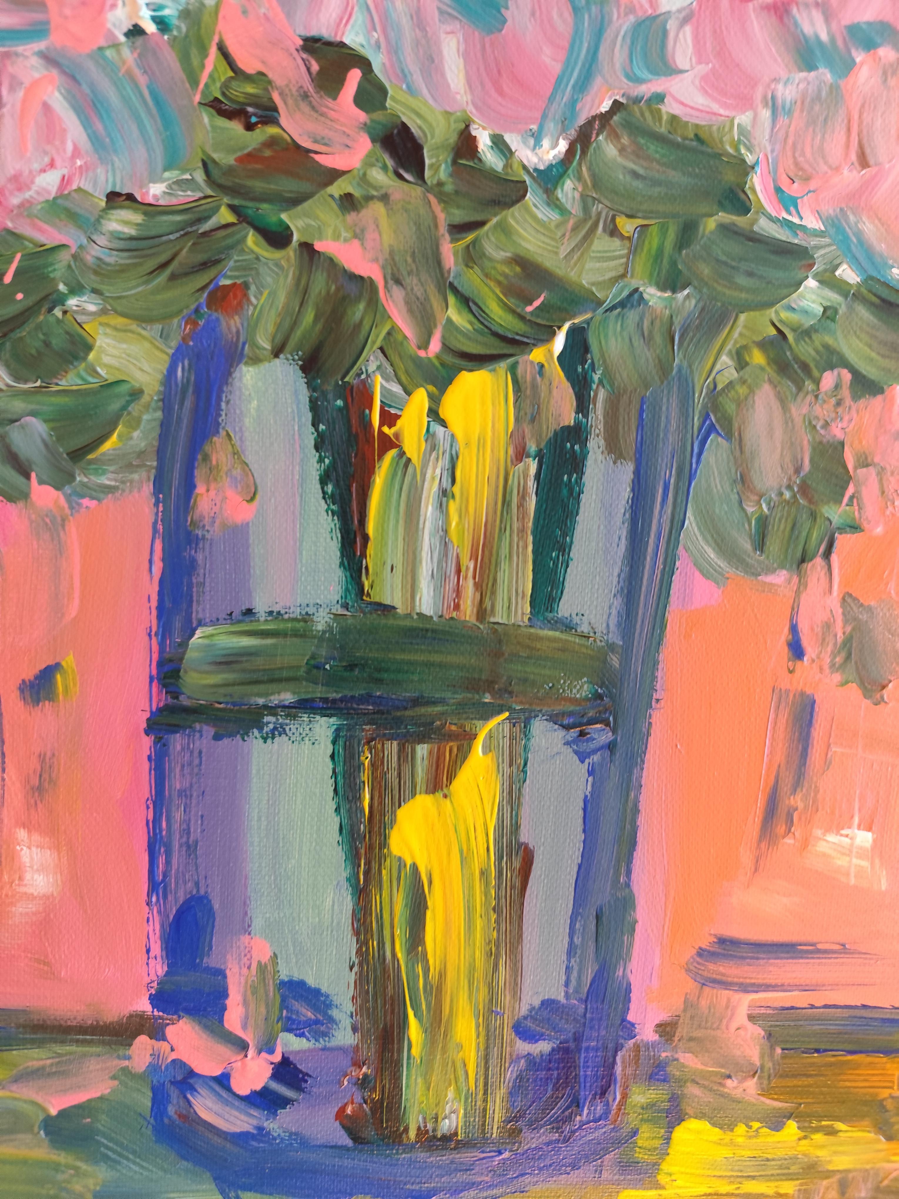 Pintura acrílica floral expresiva abstracta sobre lienzo 