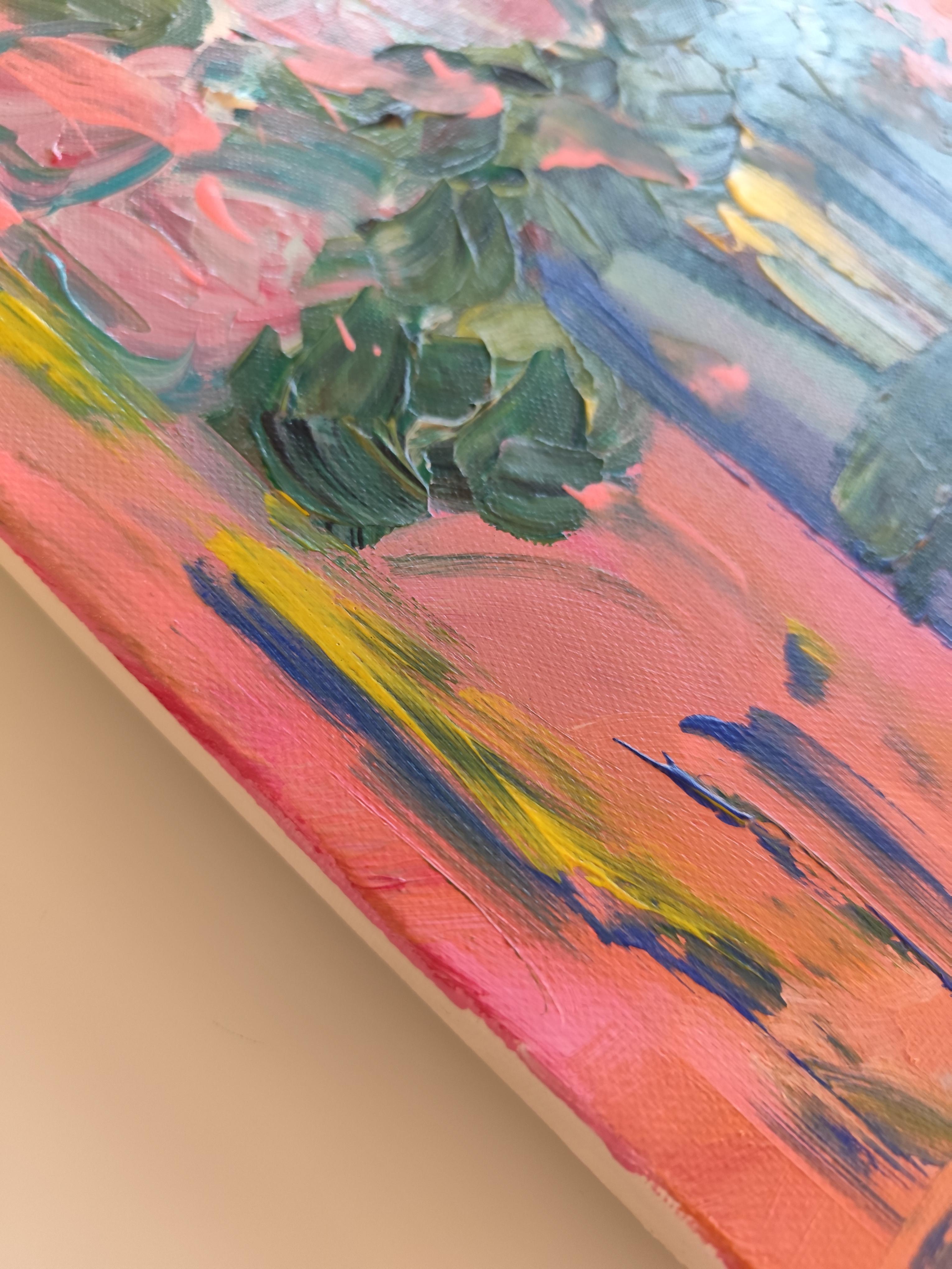 Pintura acrílica floral expresiva abstracta sobre lienzo 