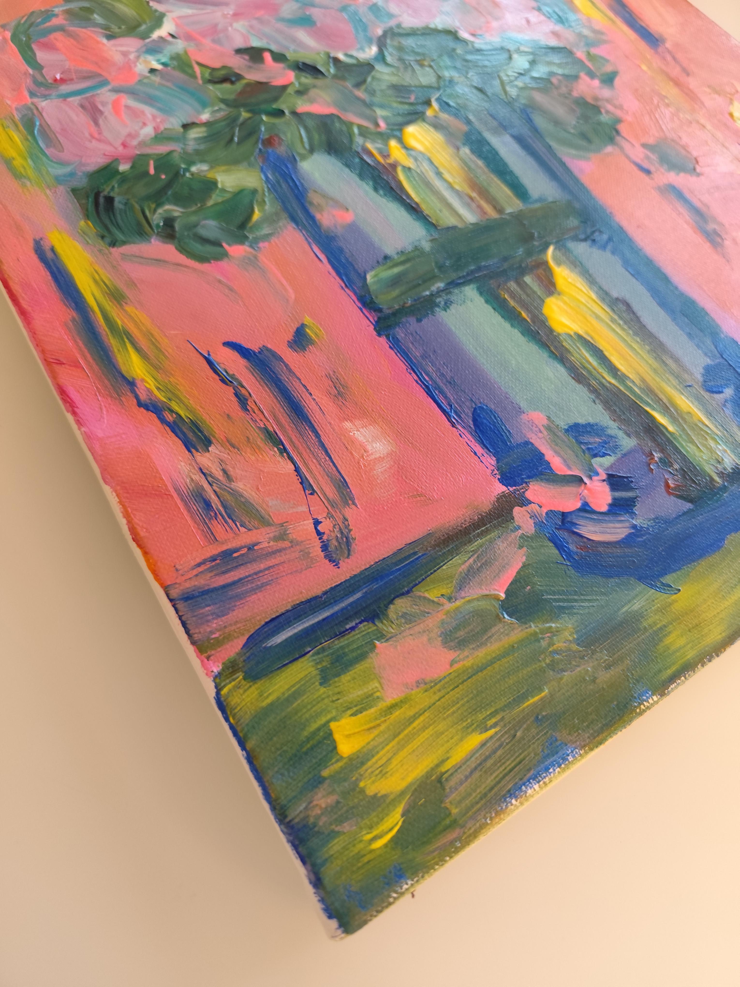 Pintura acrílica floral expresiva abstracta sobre lienzo 