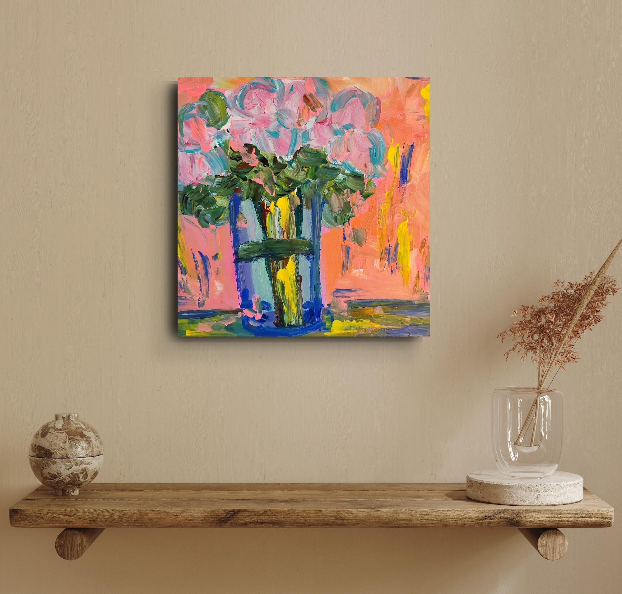 Pintura acrílica floral expresiva abstracta sobre lienzo 