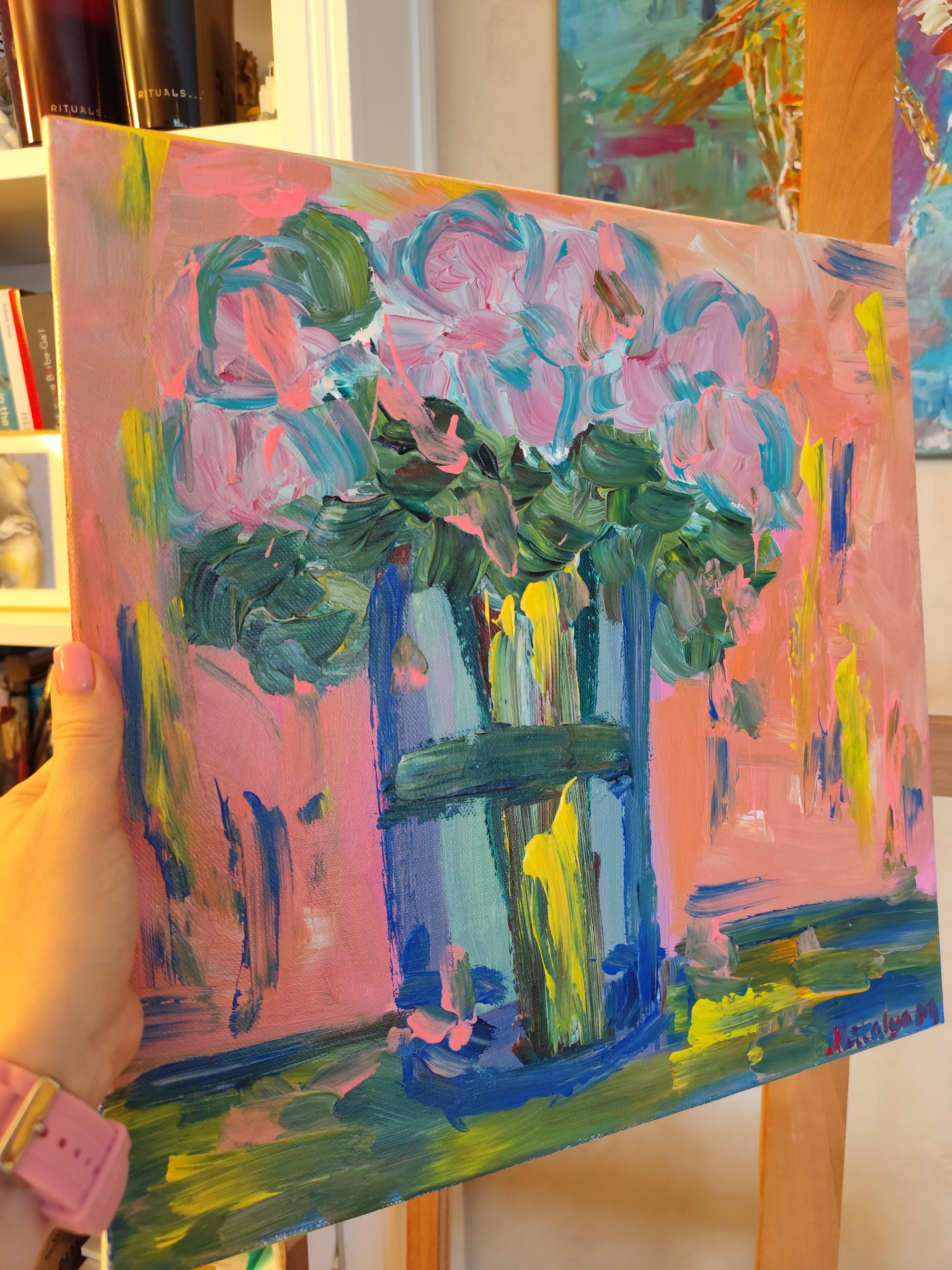 Pintura acrílica floral expresiva abstracta sobre lienzo 