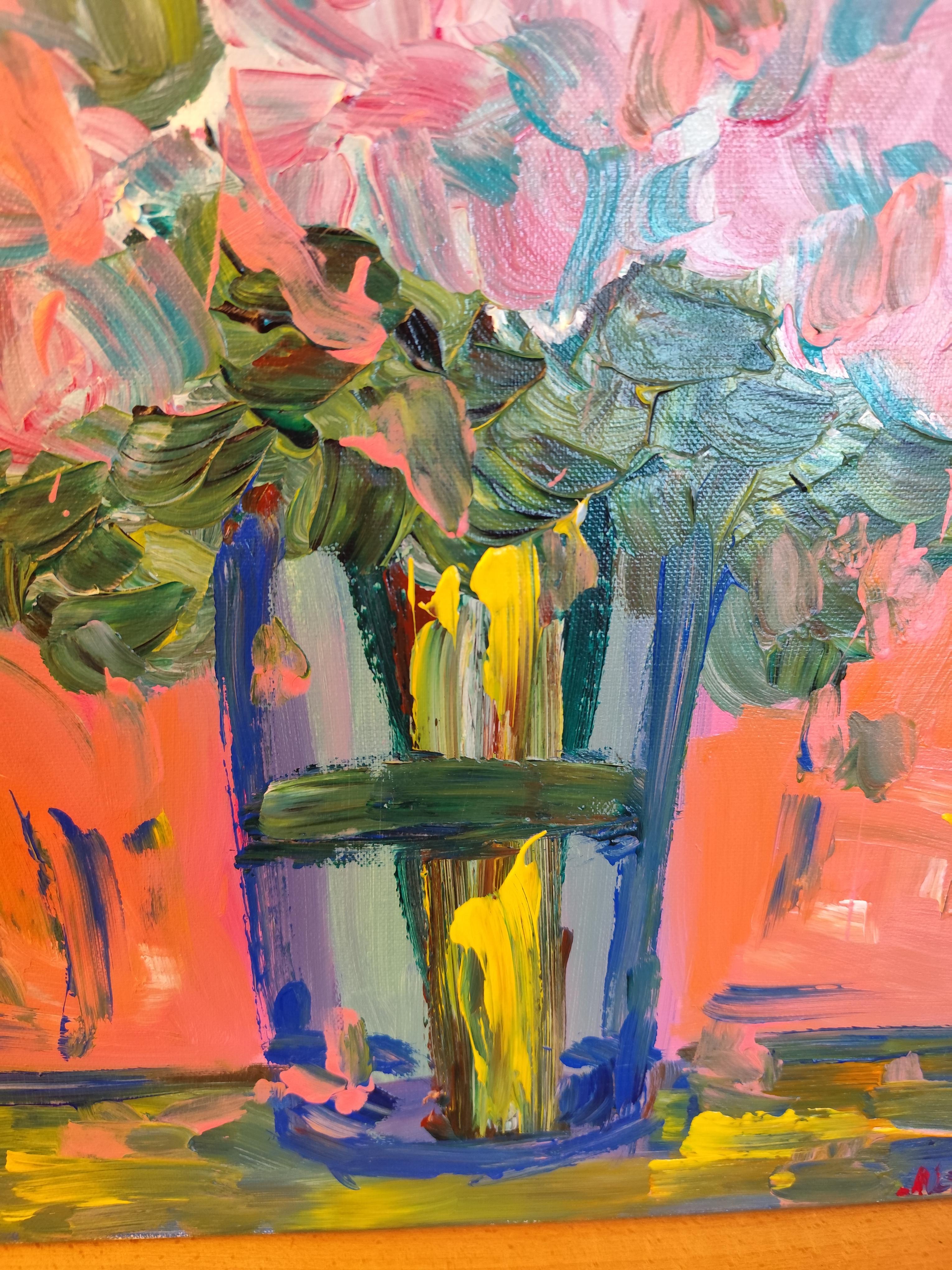 Pintura acrílica floral expresiva abstracta sobre lienzo 