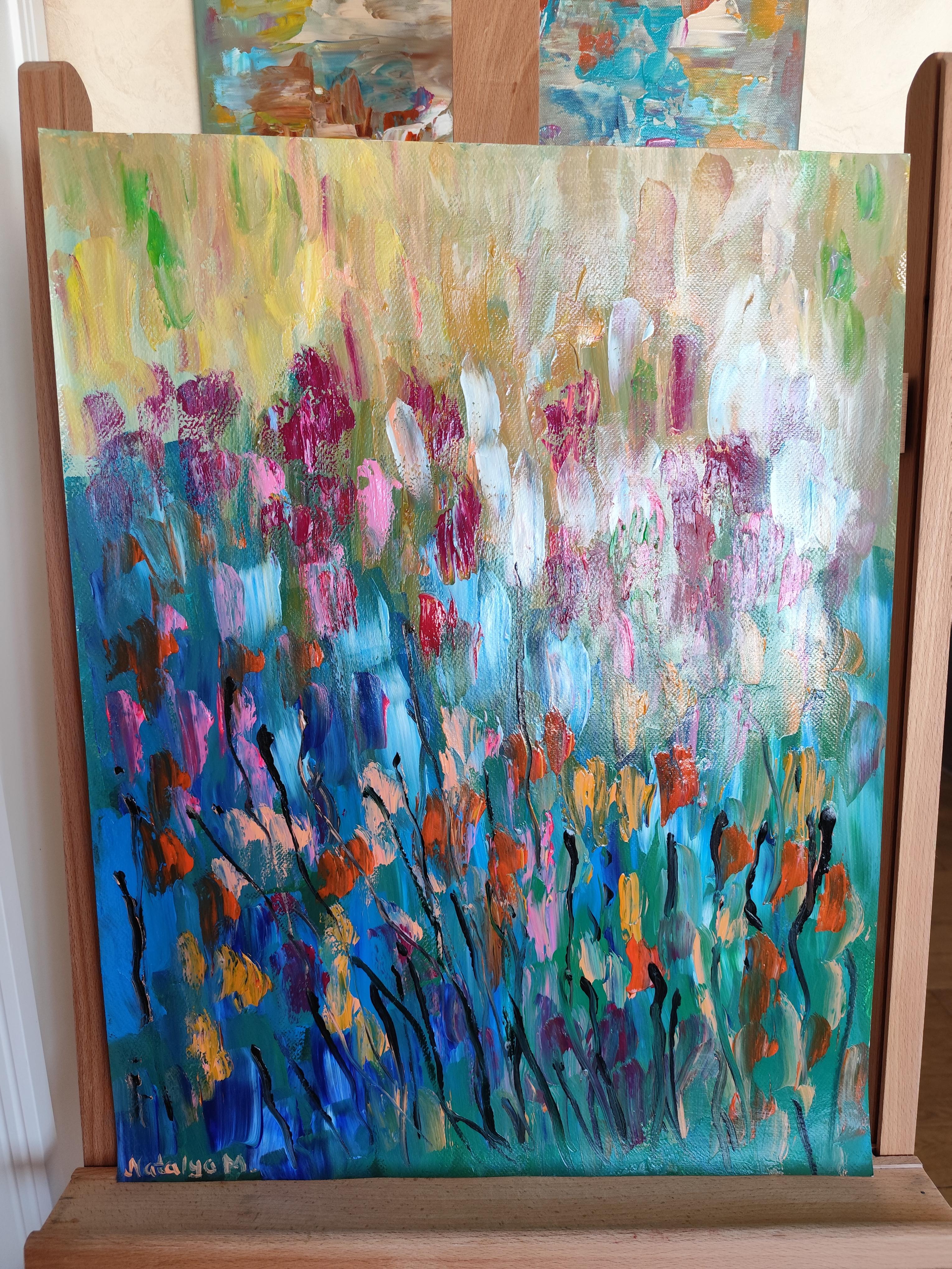 Peinture acrylique abstraite et expressive de fleurs sur papier « émotion florale » en vente 8