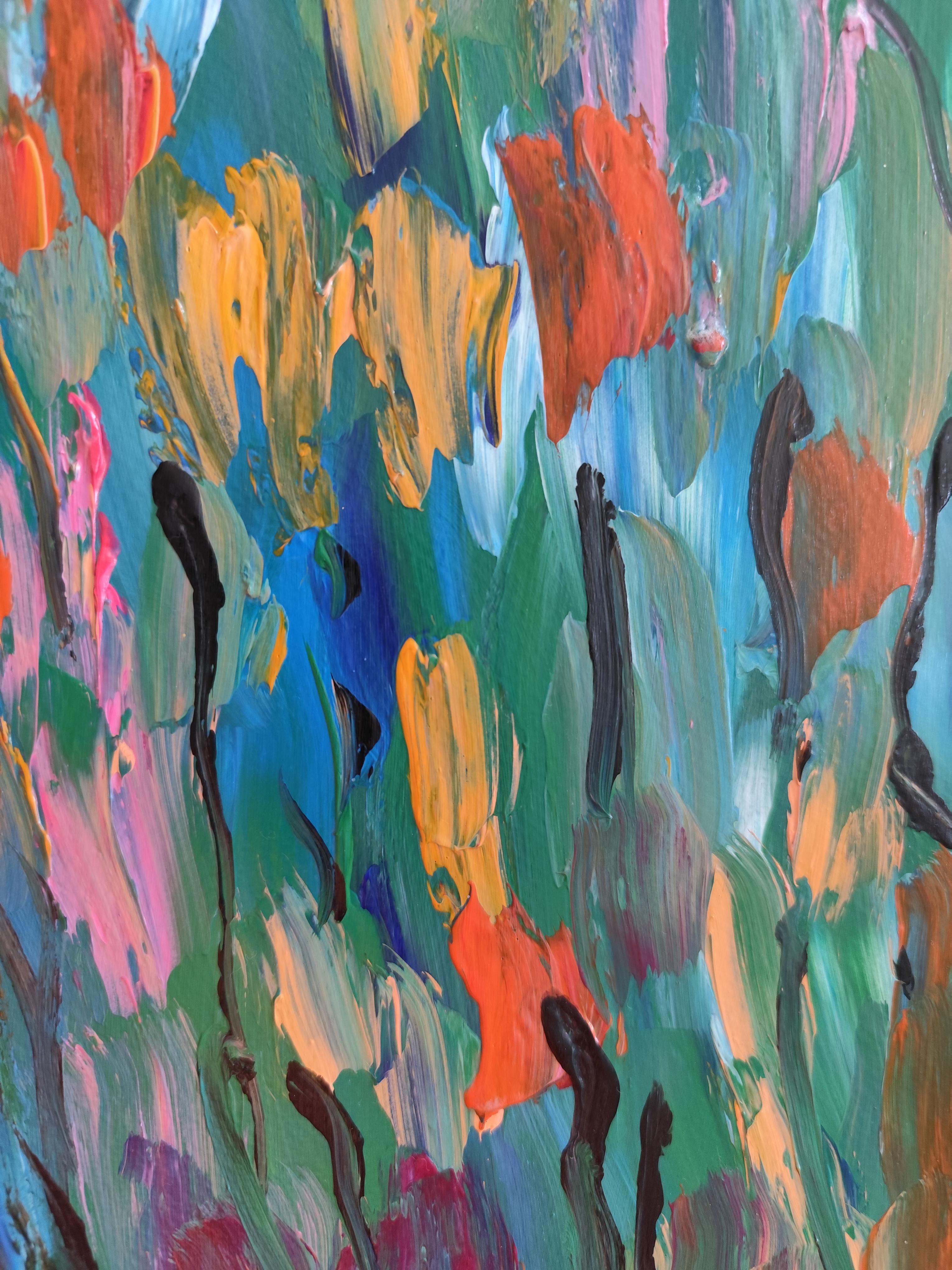 Peinture acrylique abstraite et expressive de fleurs sur papier « émotion florale » en vente 11