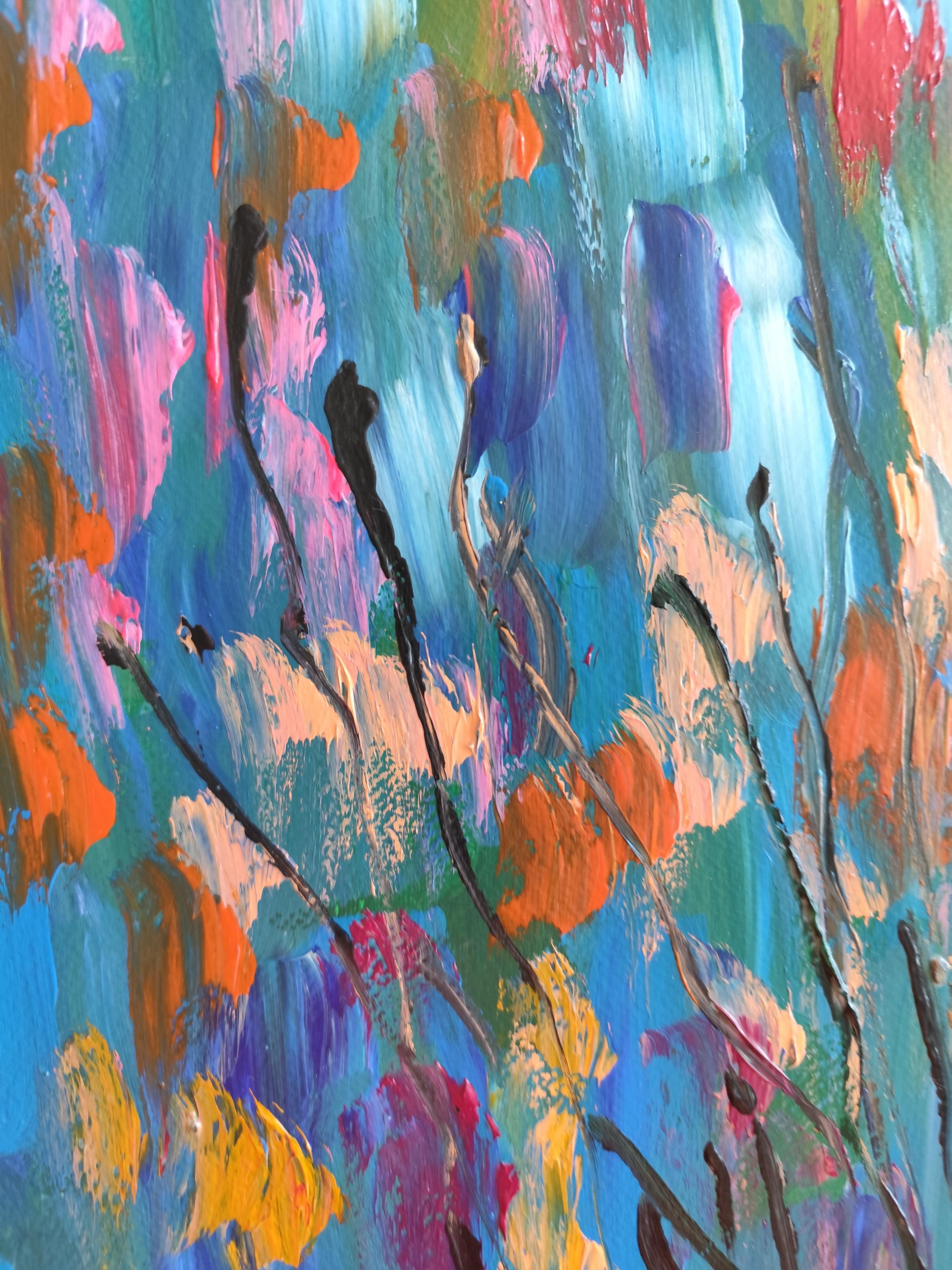 Peinture acrylique abstraite et expressive de fleurs sur papier « émotion florale » en vente 14