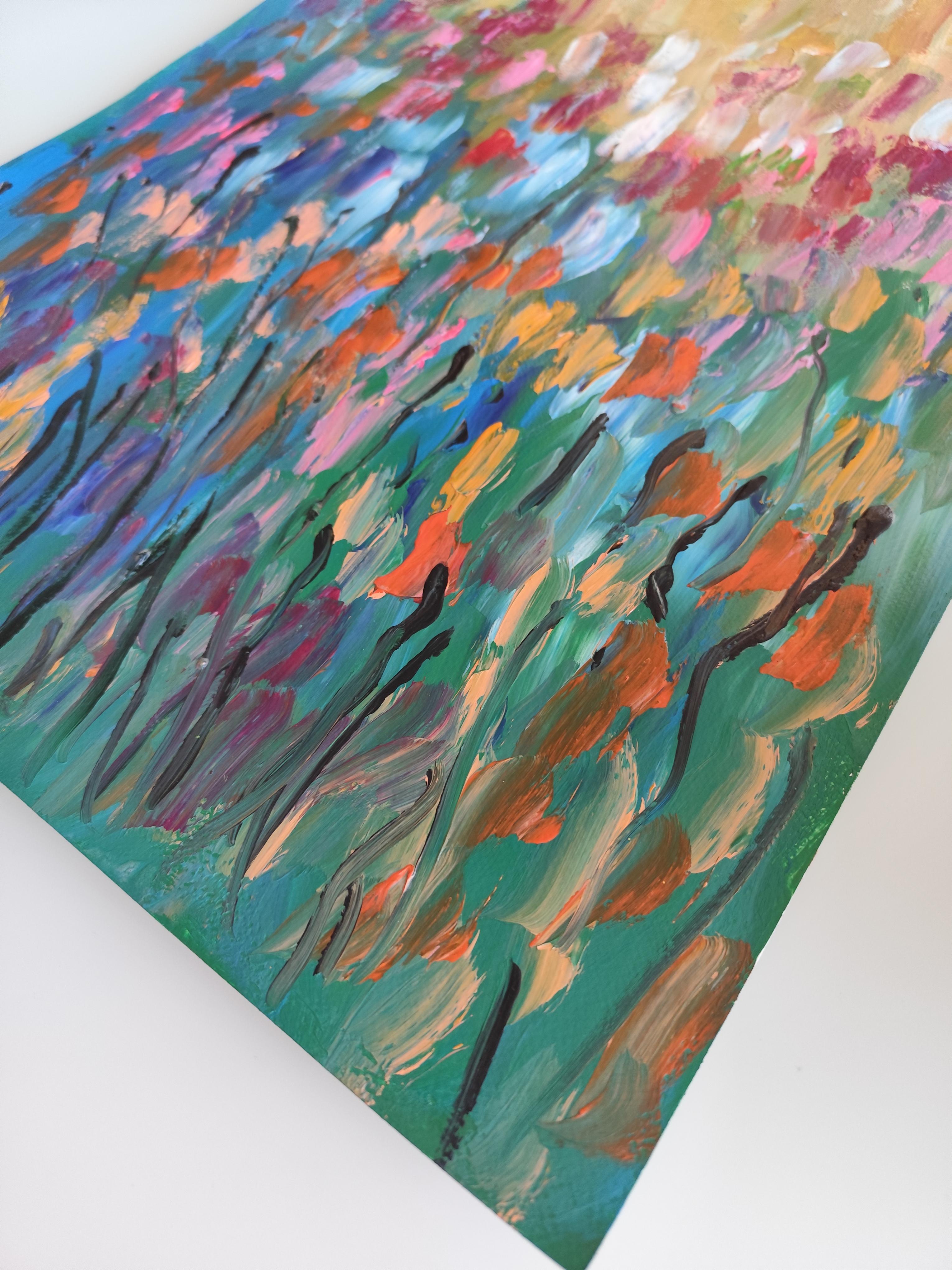 Peinture acrylique abstraite et expressive de fleurs sur papier « émotion florale » en vente 15