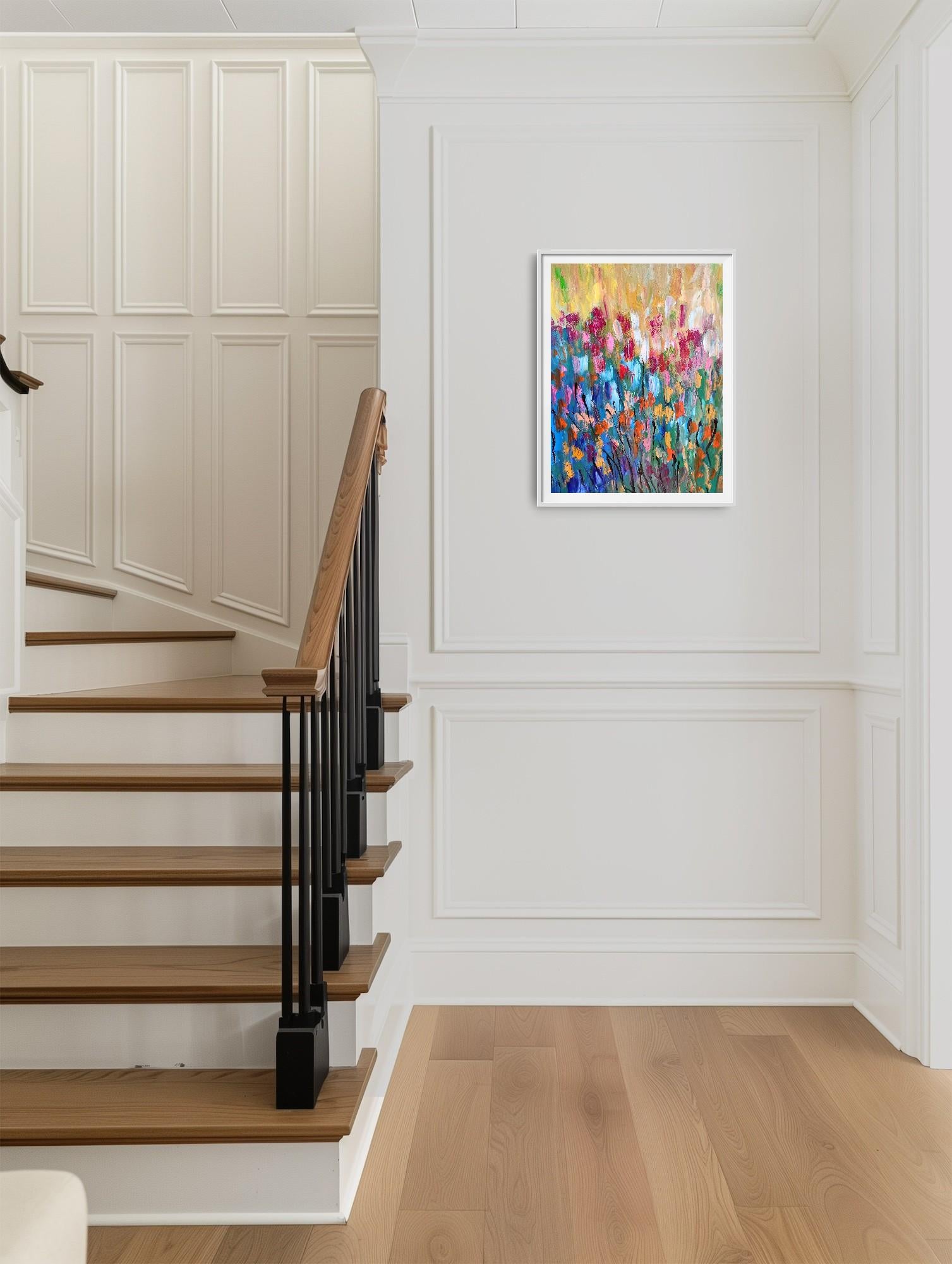 Peinture acrylique abstraite et expressive de fleurs sur papier « émotion florale » en vente 1