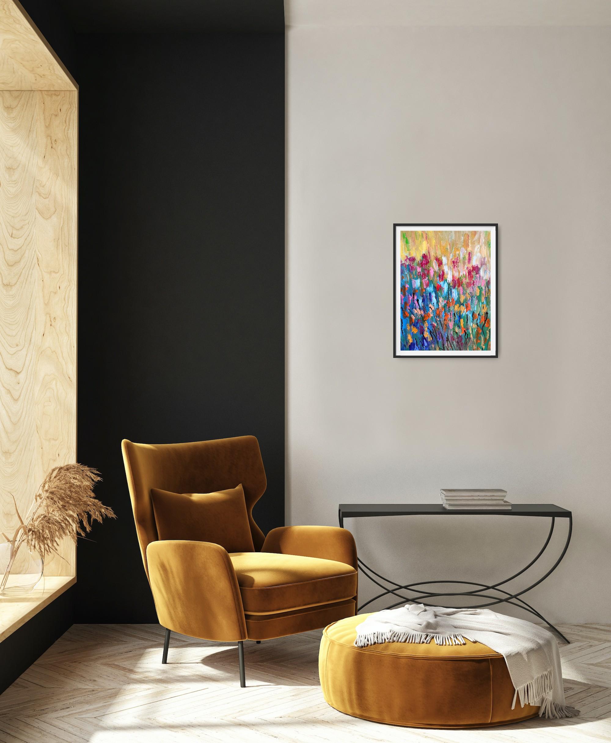 Peinture acrylique abstraite et expressive de fleurs sur papier « émotion florale » en vente 2