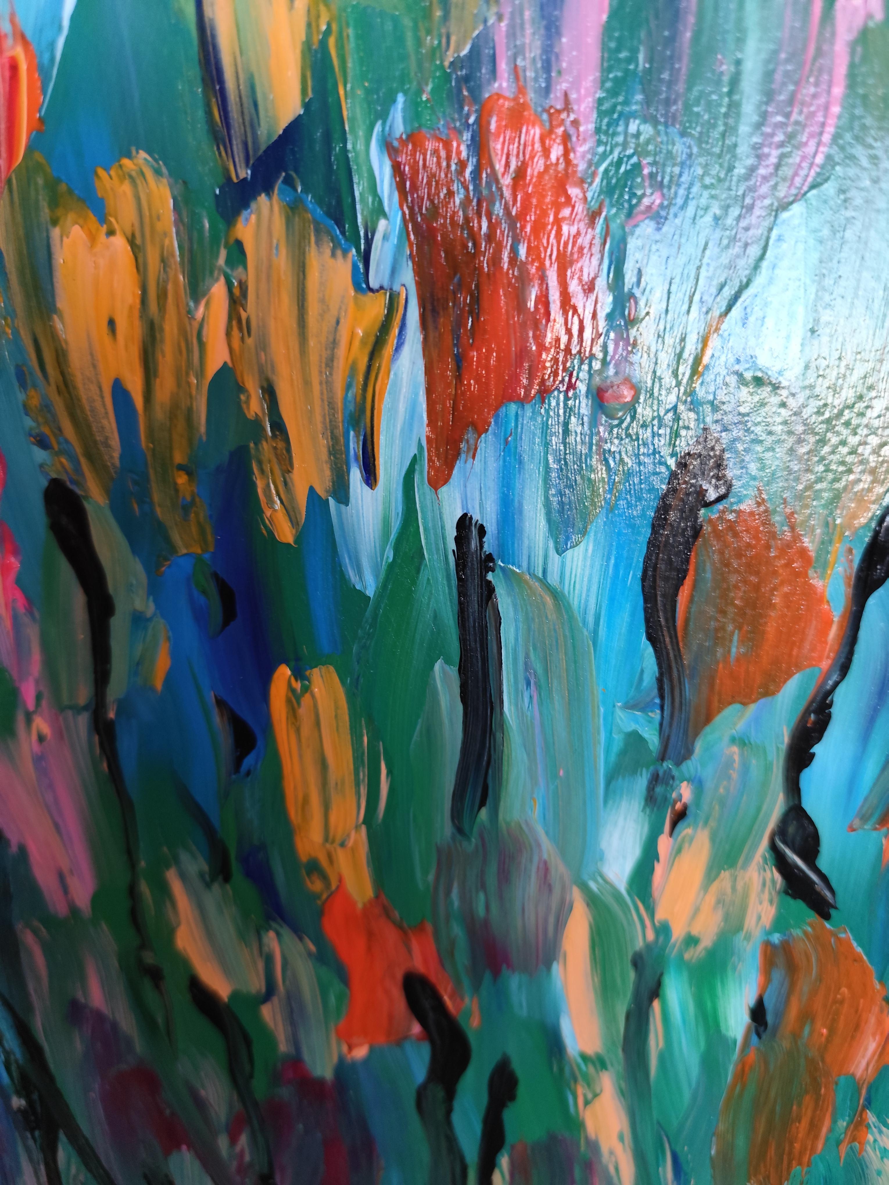 Peinture acrylique abstraite et expressive de fleurs sur papier « émotion florale » en vente 4