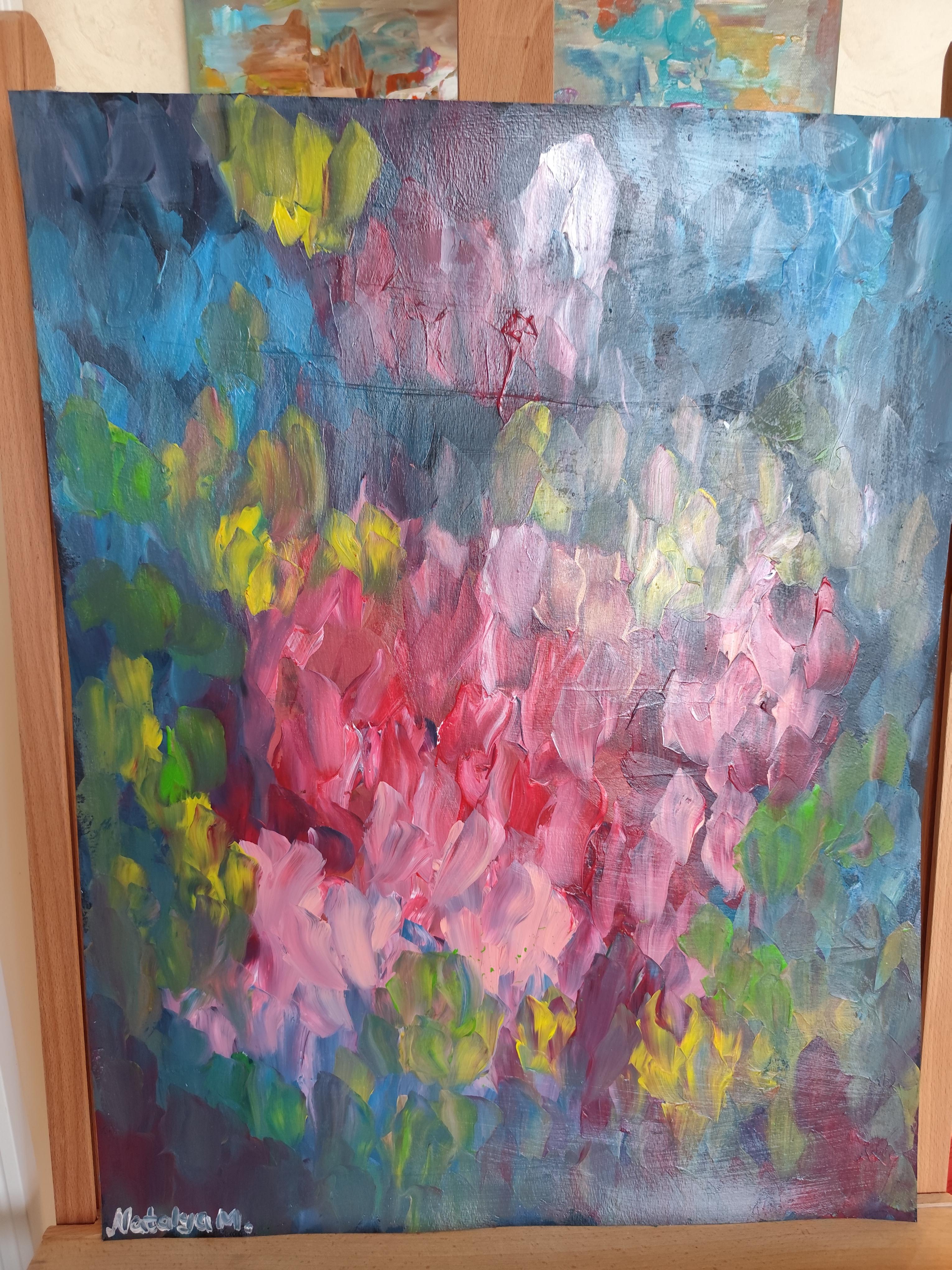 Pintura acrílica floral expresiva abstracta sobre papel 