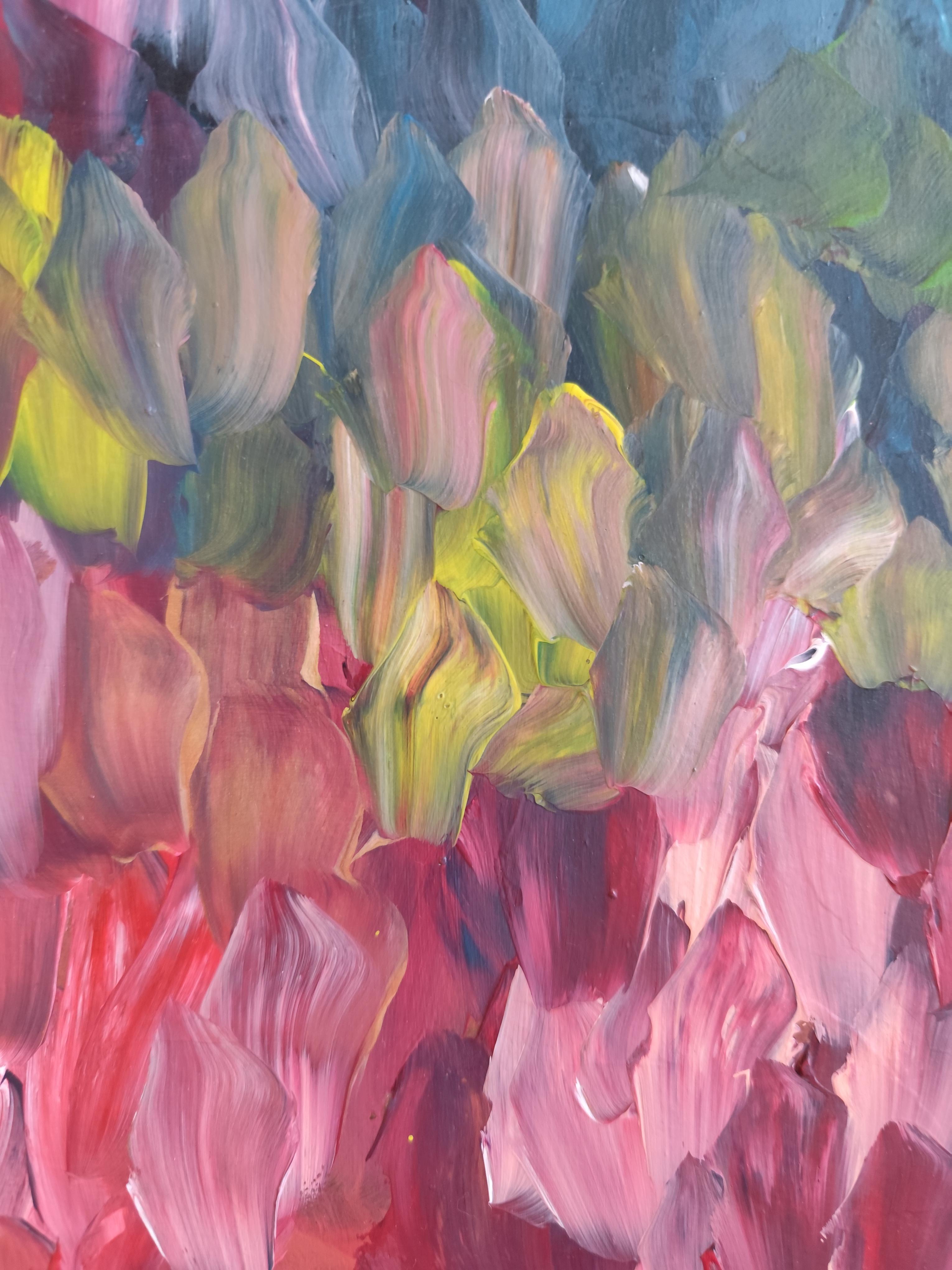 Pintura acrílica floral expresiva abstracta sobre papel 