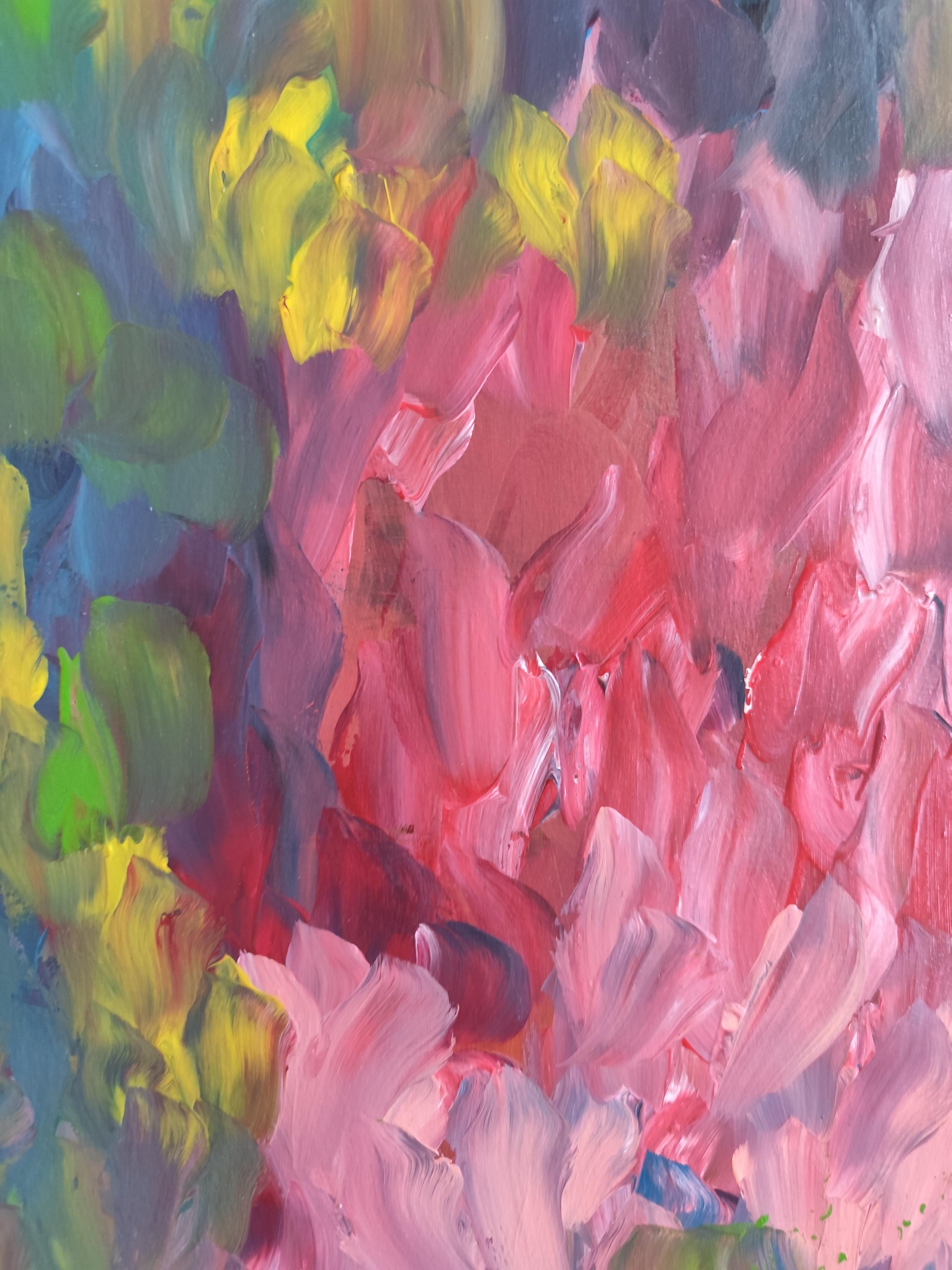 Pintura acrílica floral expresiva abstracta sobre papel 