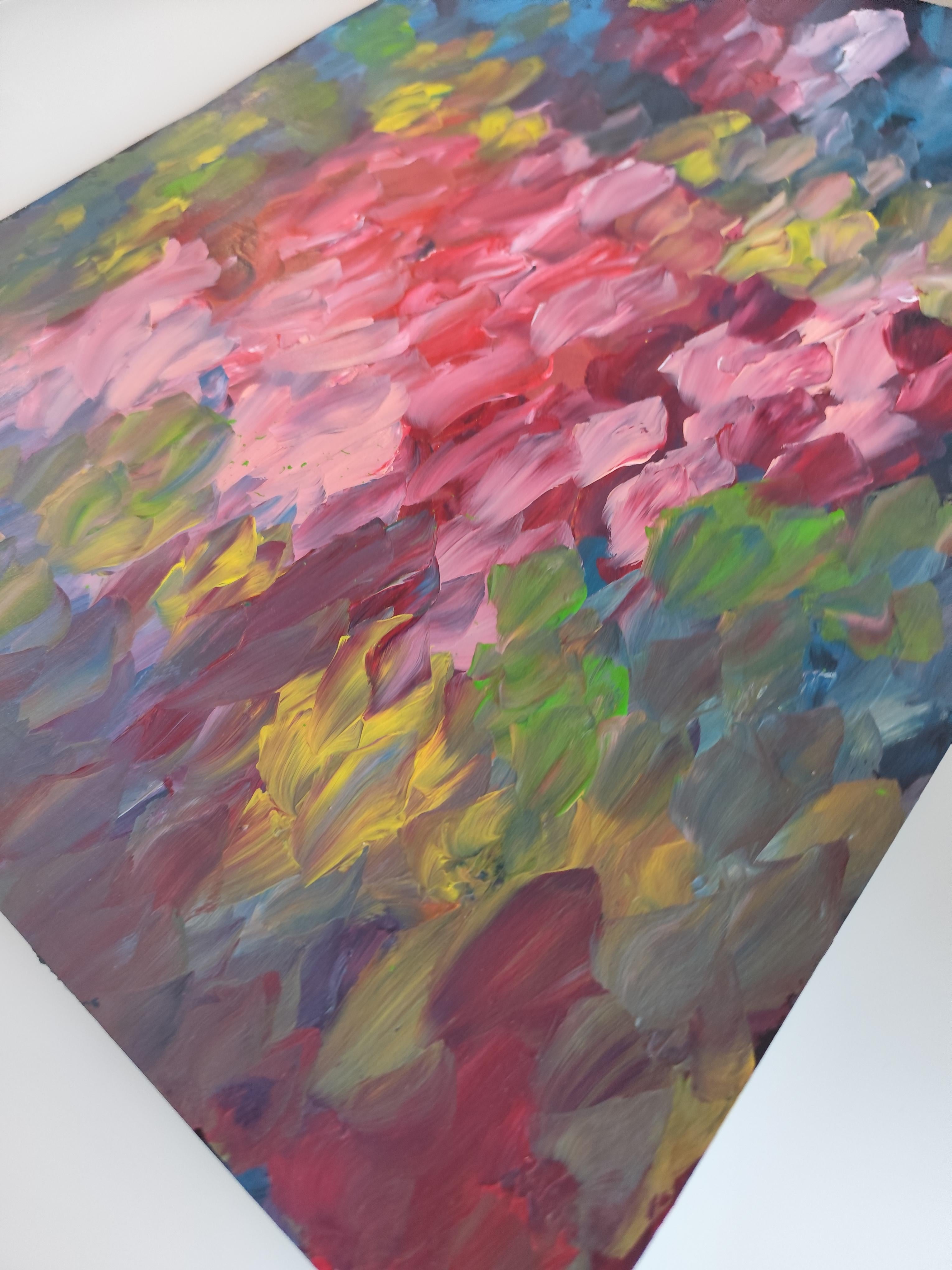 Pintura acrílica floral expresiva abstracta sobre papel 